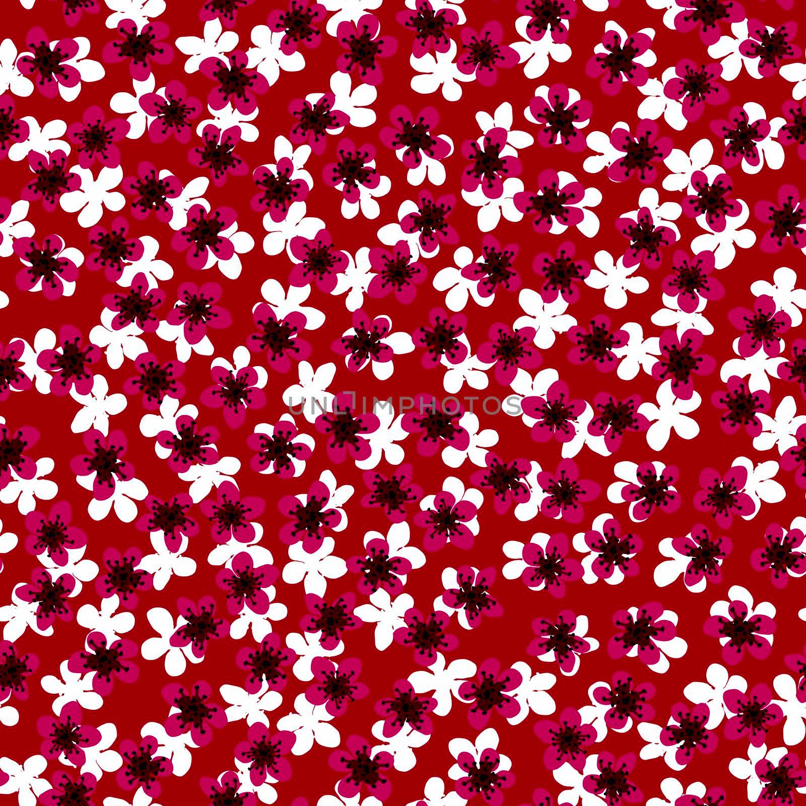 Seamless pattern with blossoming Japanese cherry sakura for fabric,packaging,wallpaper, textile decor, design, invitations, print, gift wrap, manufacturing. White and fuchsia flowers on red background
