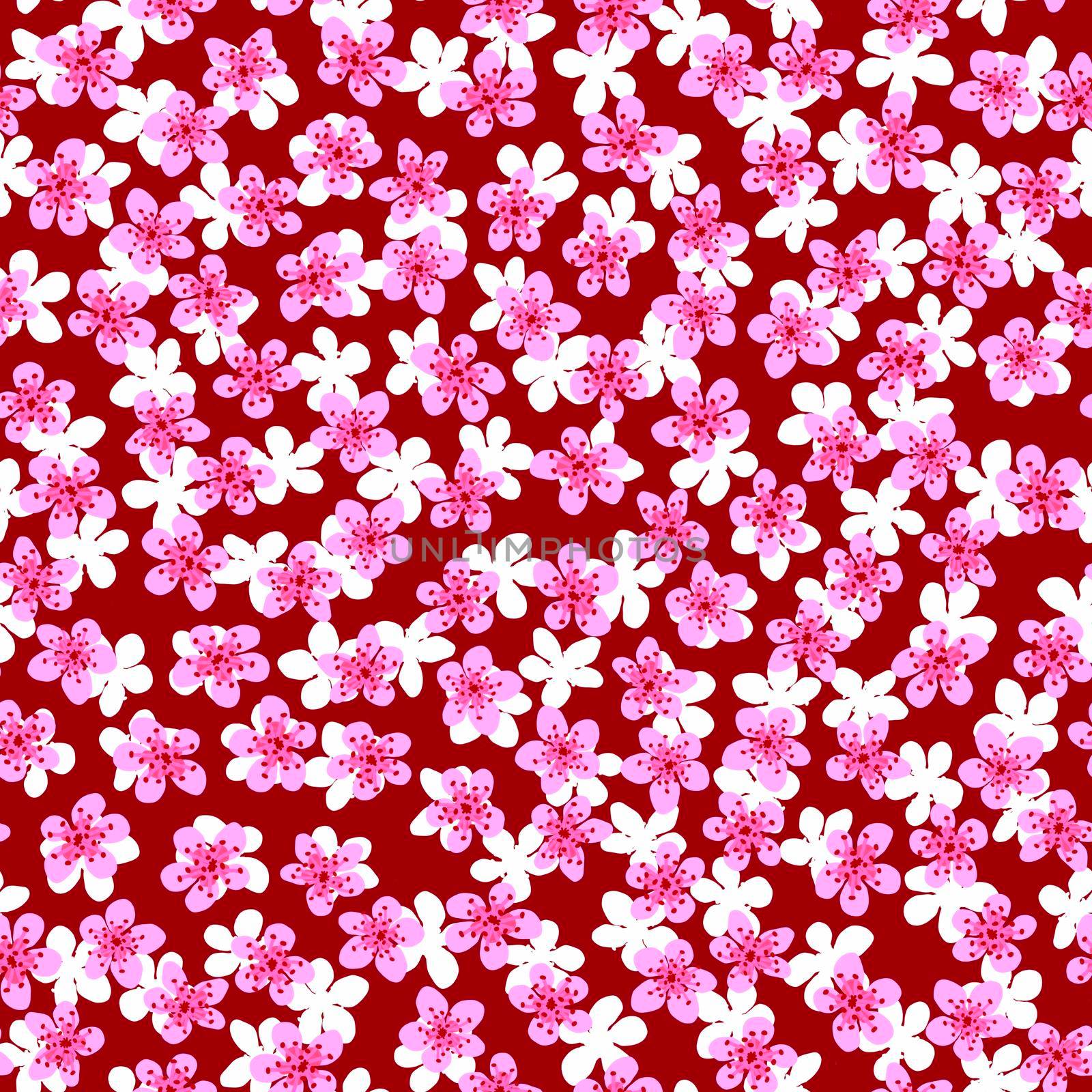 Seamless pattern with blossoming Japanese cherry sakura for fabric,packaging,wallpaper,textile decor,design, invitations,print,gift wrap,manufacturing.Pink and white flowers on red background