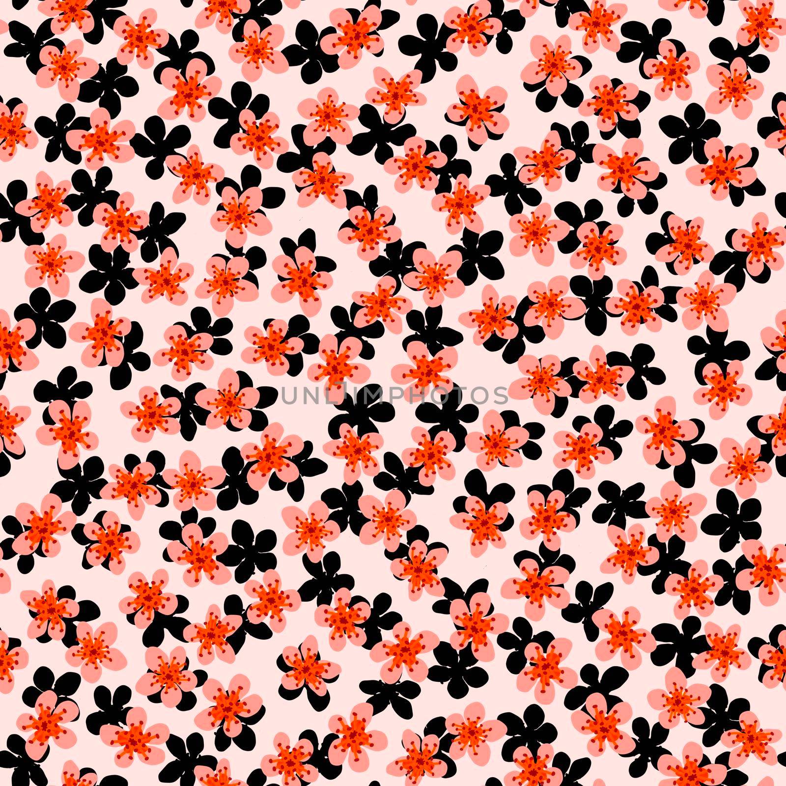 Seamless pattern with blossoming Japanese cherry sakura for fabric,packaging,wallpaper,textile decor,design, invitations,print,gift wrap,manufacturing.Orange and black flowers on pink background