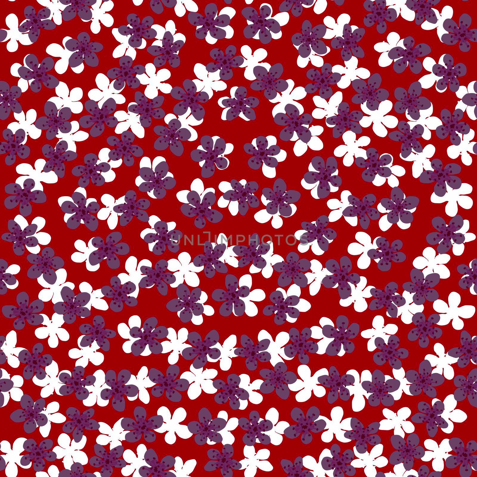 Seamless pattern with blossoming Japanese cherry sakura for fabric,packaging,wallpaper,textile decor,design, invitations,print,gift wrap,manufacturing.Purple and white flowers on red background