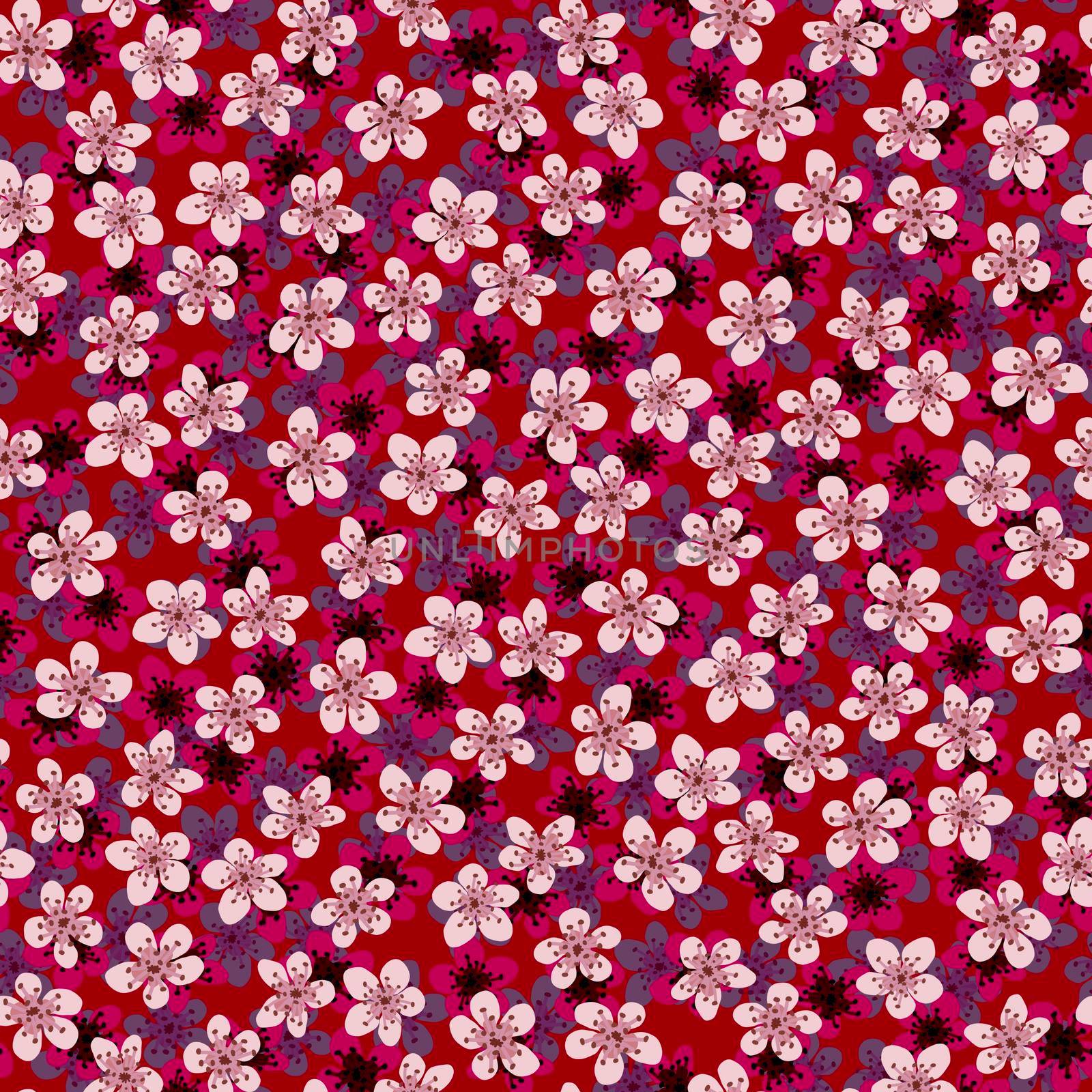 Seamless pattern with blossoming Japanese cherry sakura for fabric,packaging,wallpaper,textile decor,design, invitations,print,gift wrap,manufacturing.Pink and fuchsia flowers on red background