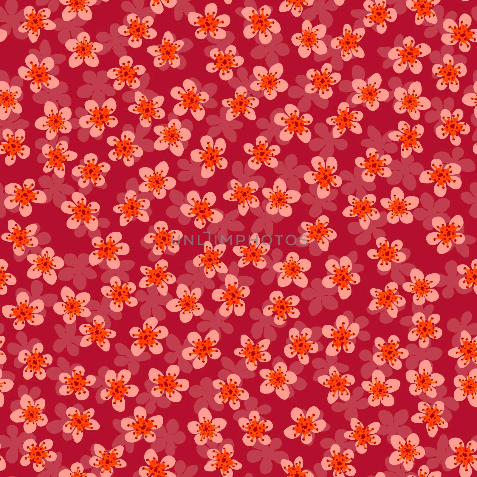 Seamless pattern with blossoming Japanese cherry sakura for fabric, packaging, wallpaper, textile decor, design, invitations, print, gift wrap, manufacturing. Coral flowers on crimson background