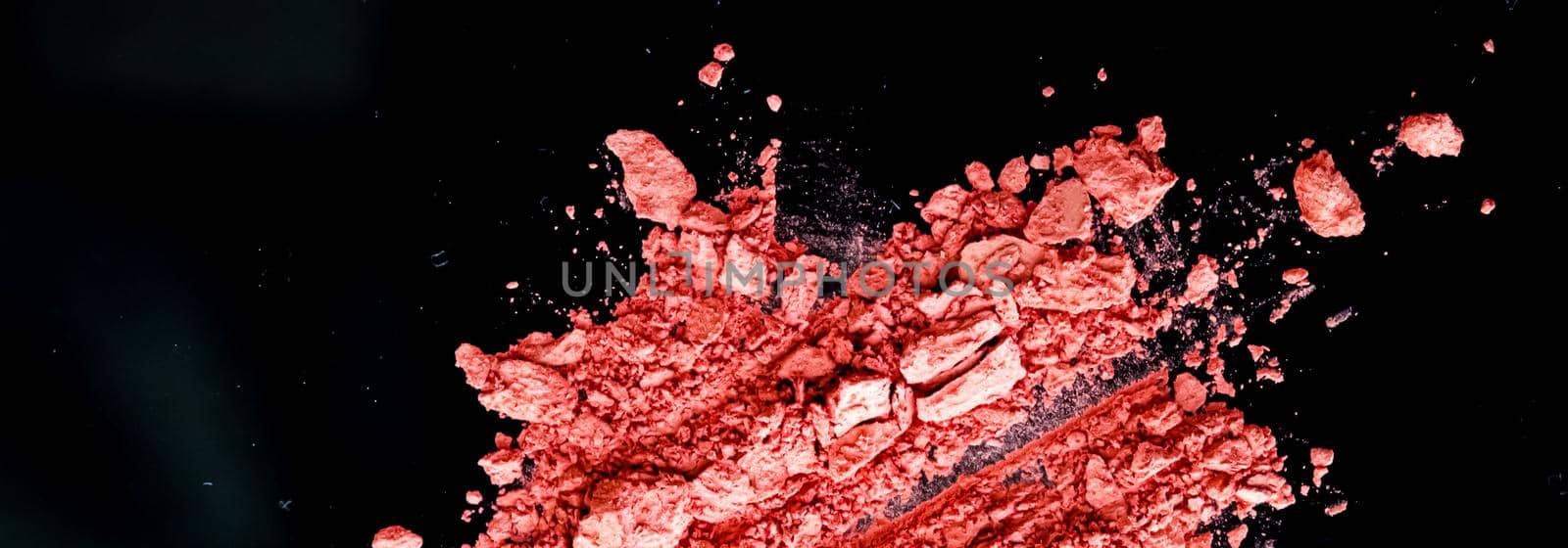 Crushed cosmetics, mineral organic eyeshadow, blush and cosmetic powder isolated on black background, makeup and beauty banner, flatlay design.