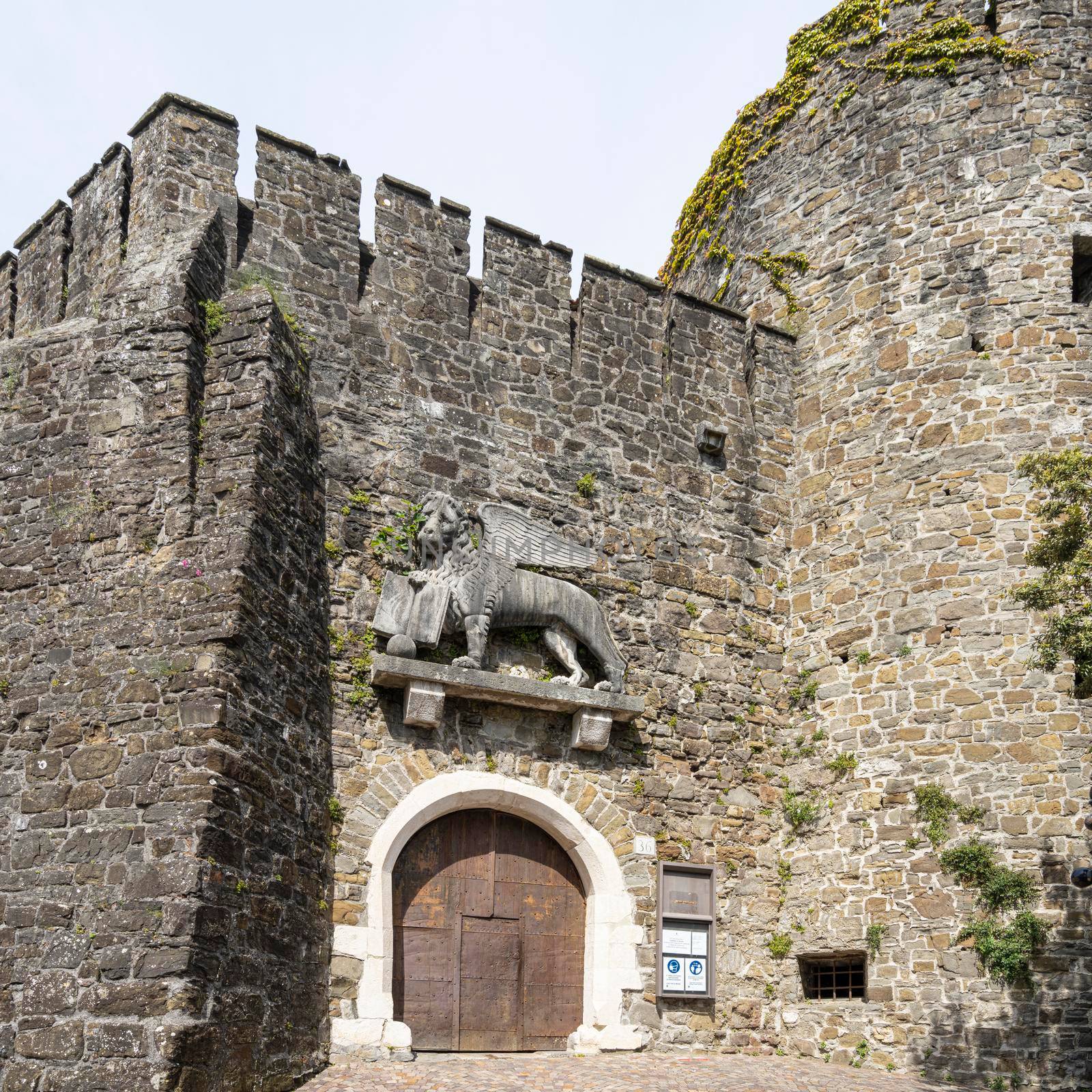 Gorizia, Italy. May 21, 2021.  view of the venetian lion above the entrance gate of the city castle