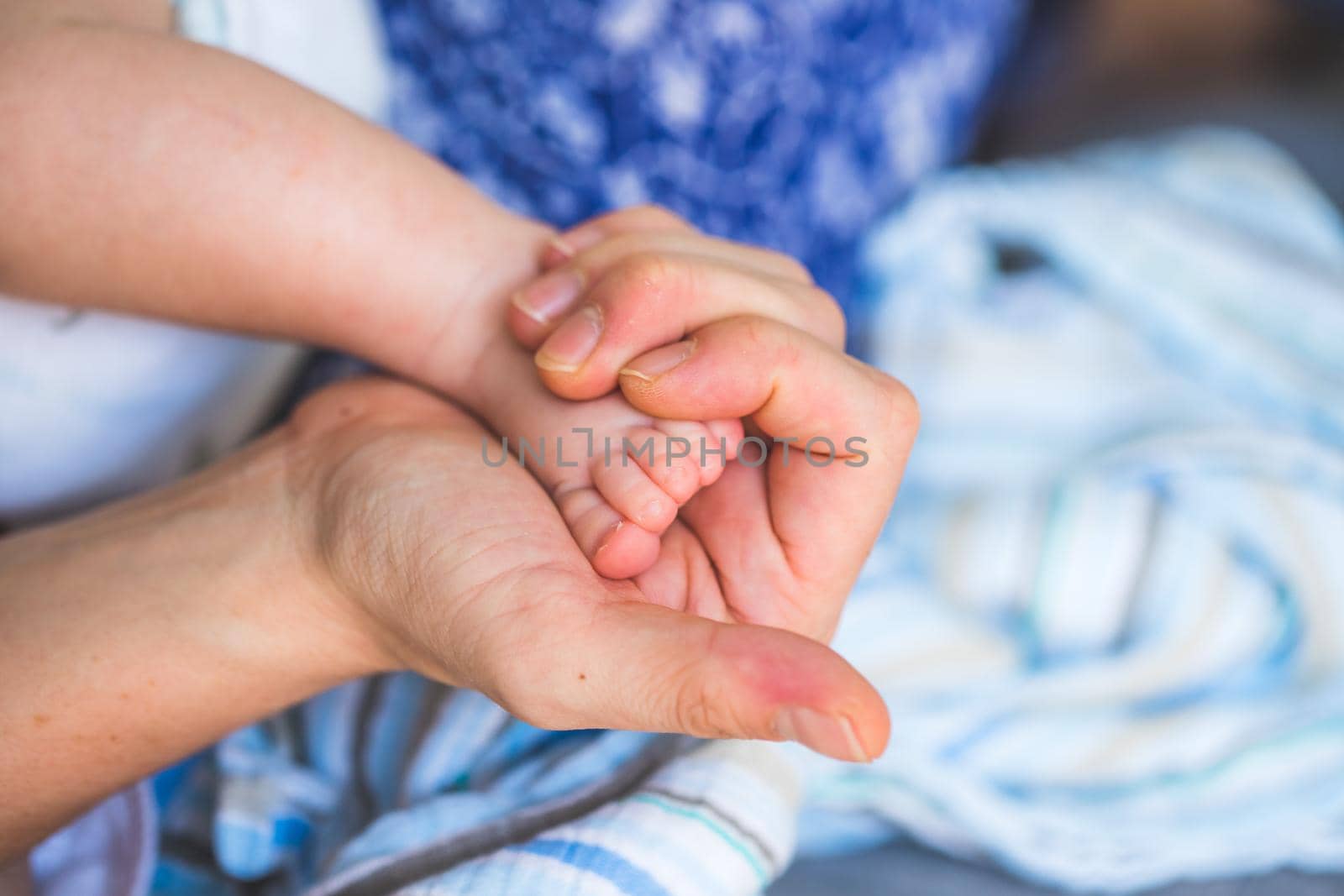 Close up of mother’s hands, holding newborn baby feet.