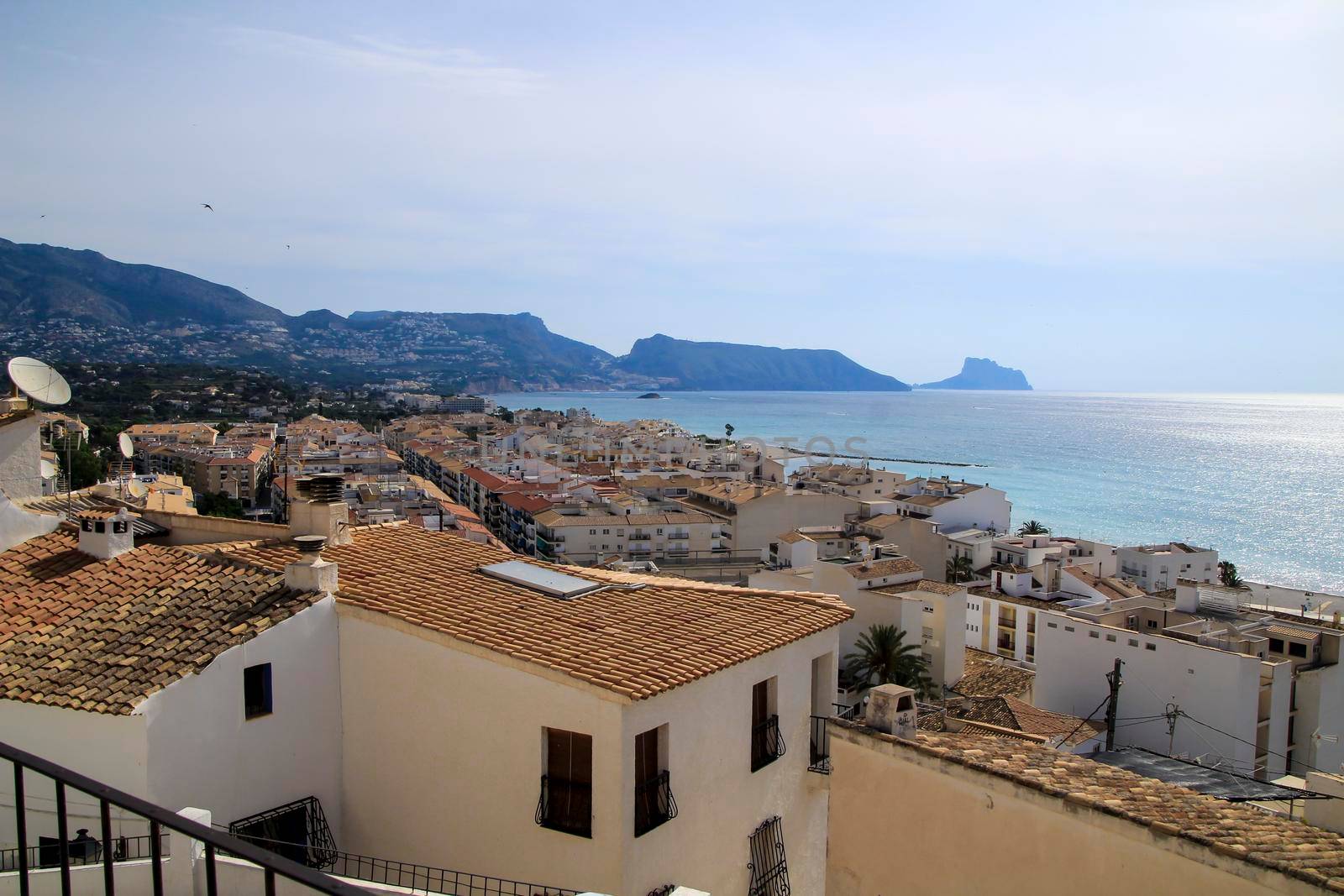 Beautiful panoramic view of Altea village and mediterranean sea from the Old Portal viewpoint in Spring