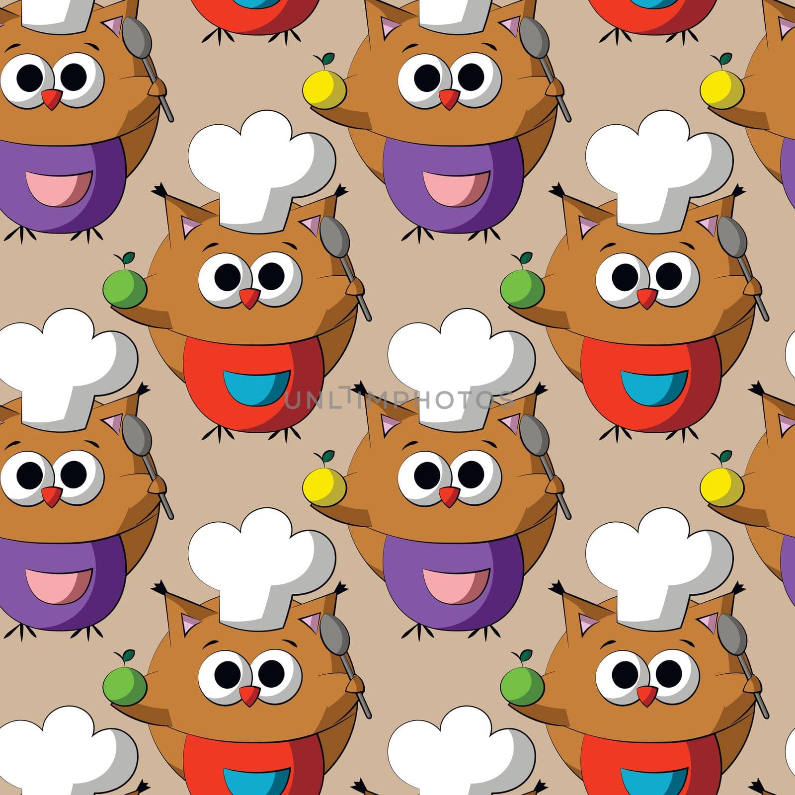 Seamless vector pattern with cute cartoon owl chef by AnastasiaPen