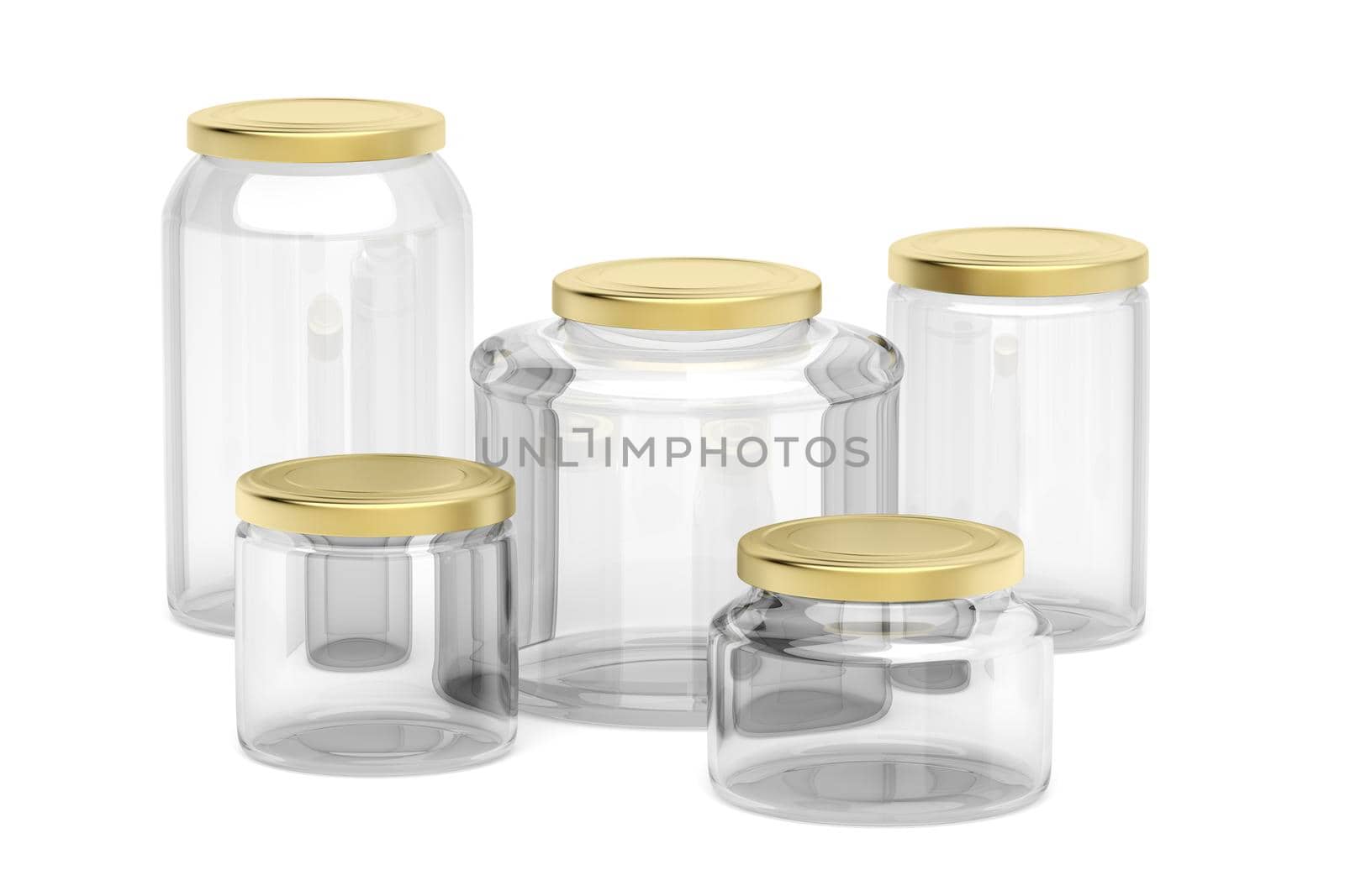 Group of empty glass jars with different sizes on white background