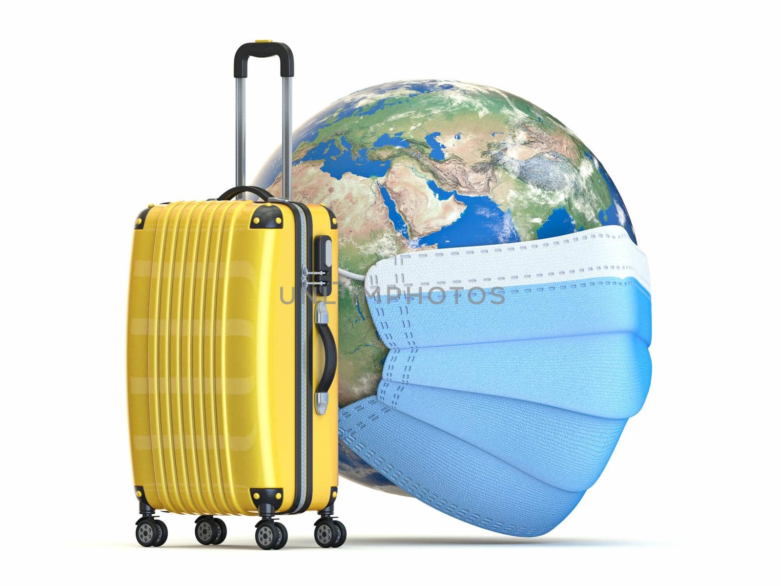 Travel concept, planet Earth with medical face mask and suitcase 3D render illustration isolated on white background