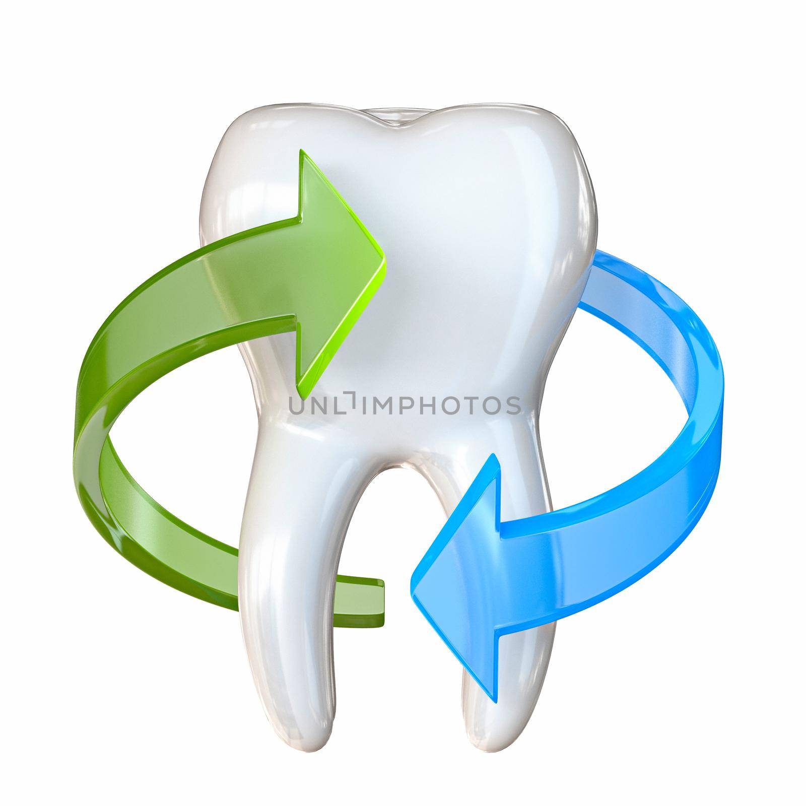 Tooth with blue and green arrows on white 3D render illustration isolated on white background