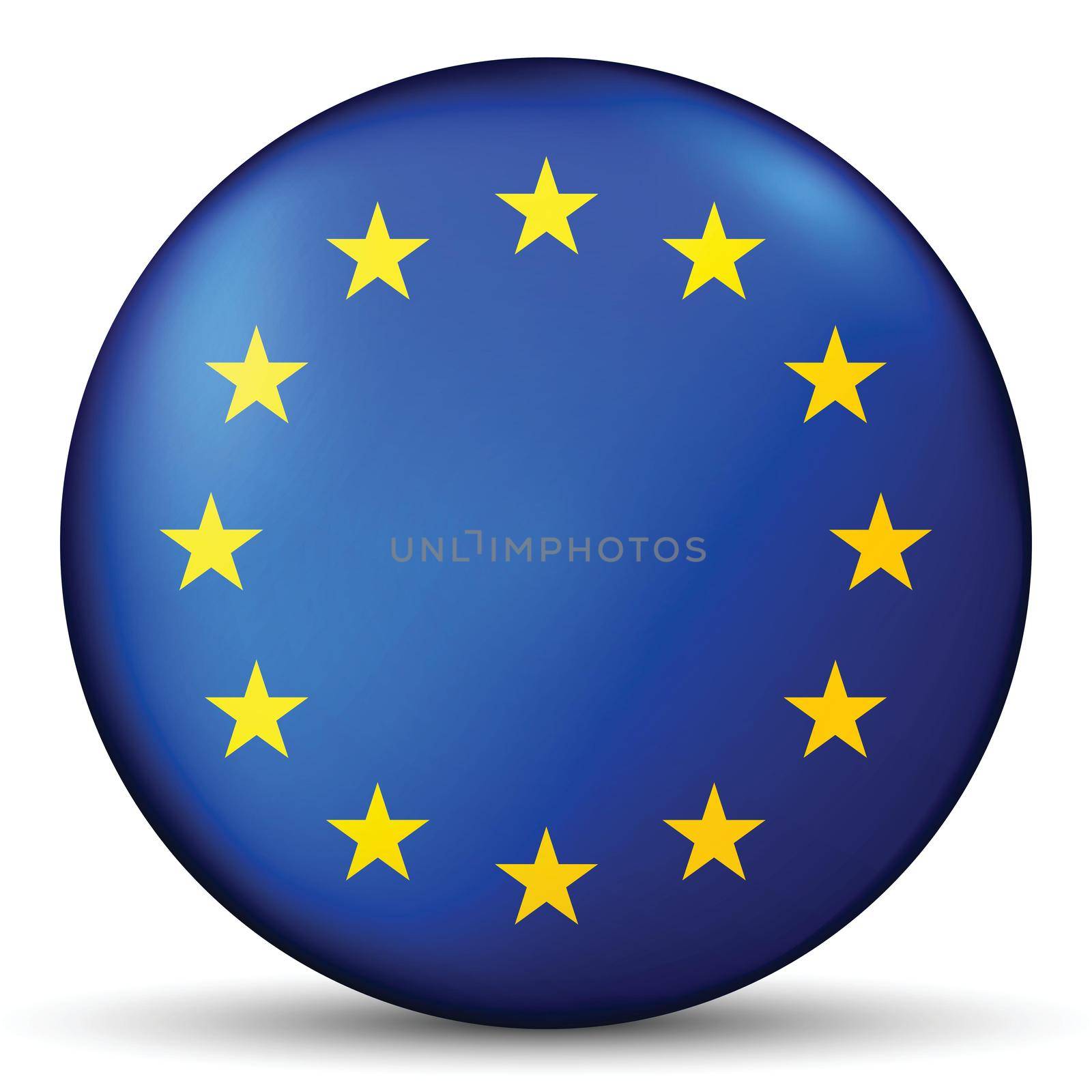 Glass light ball with European Union flag. Round sphere, template icon. EU national symbol. Glossy realistic ball, 3D abstract vector illustration highlighted on a white background. Big bubble.