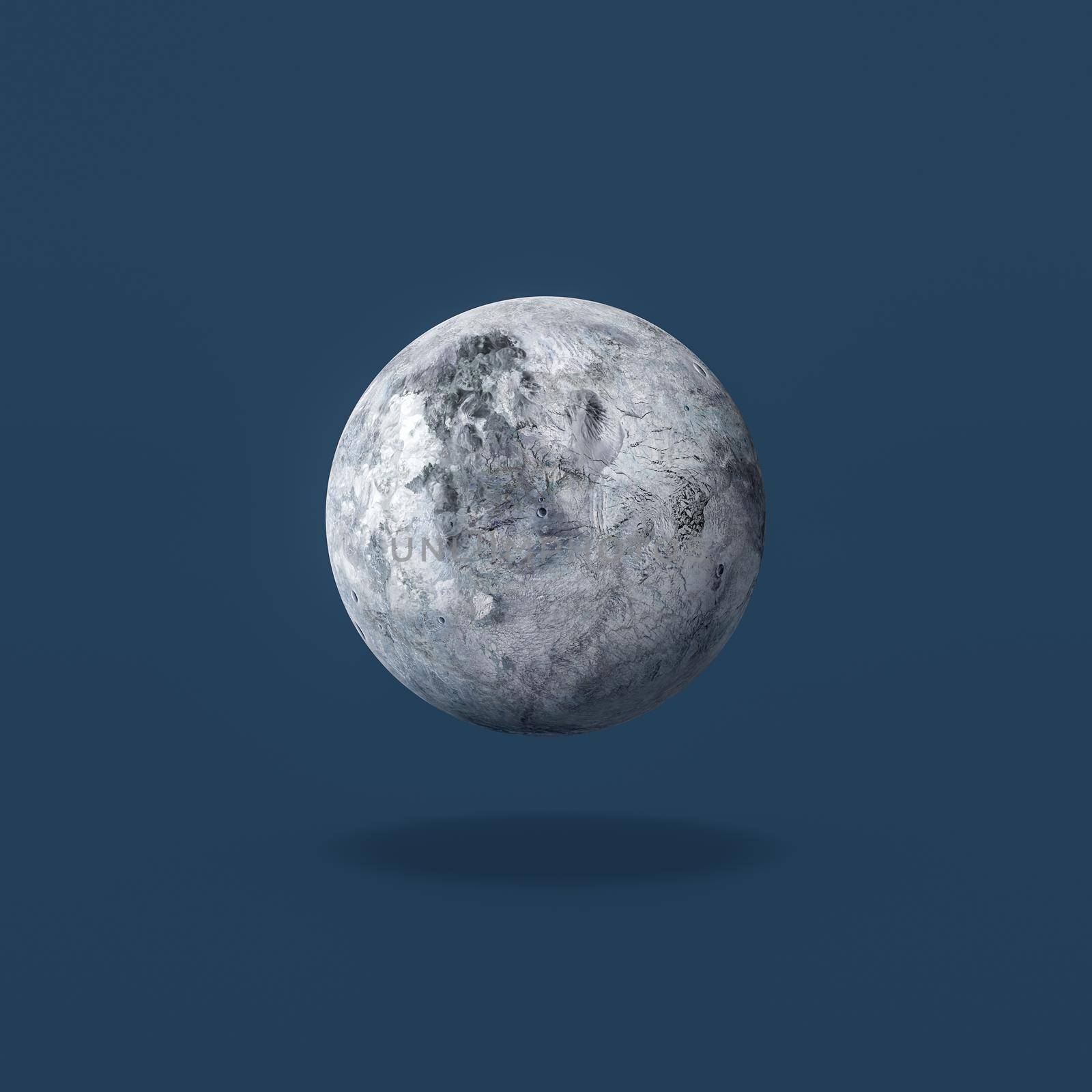 Eris Planet Isolated on Flat Blue Background with Shadow 3D Illustration. Texture from solarsystemscope.com