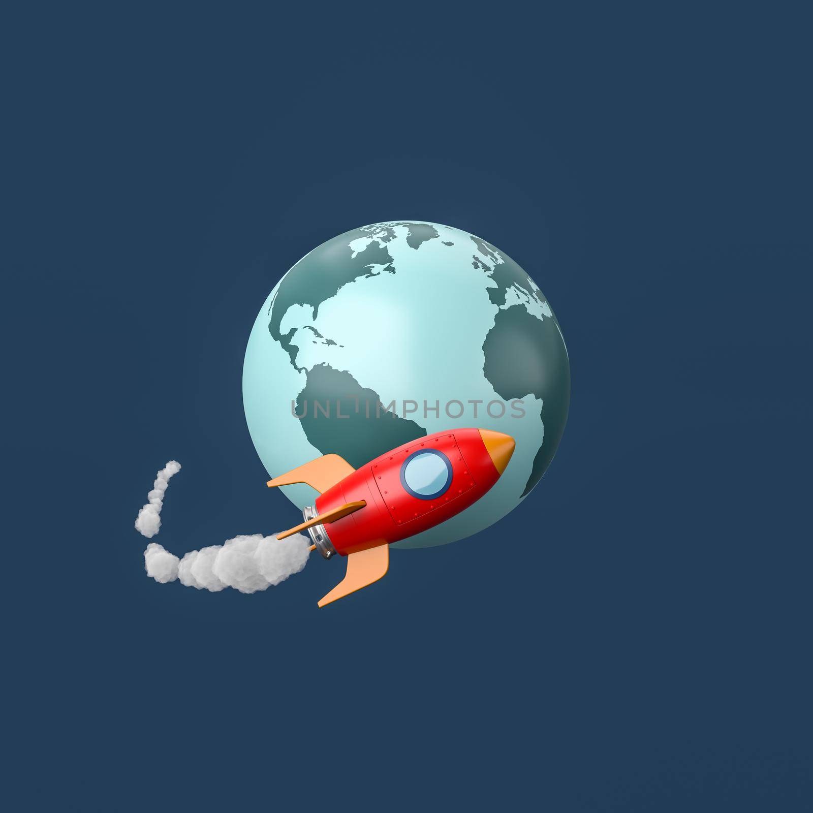 Red Cartoon Spaceship Flying around the Earth Planet Isolated on Flat Blue Background 3D Illustration, Space Travel Concept