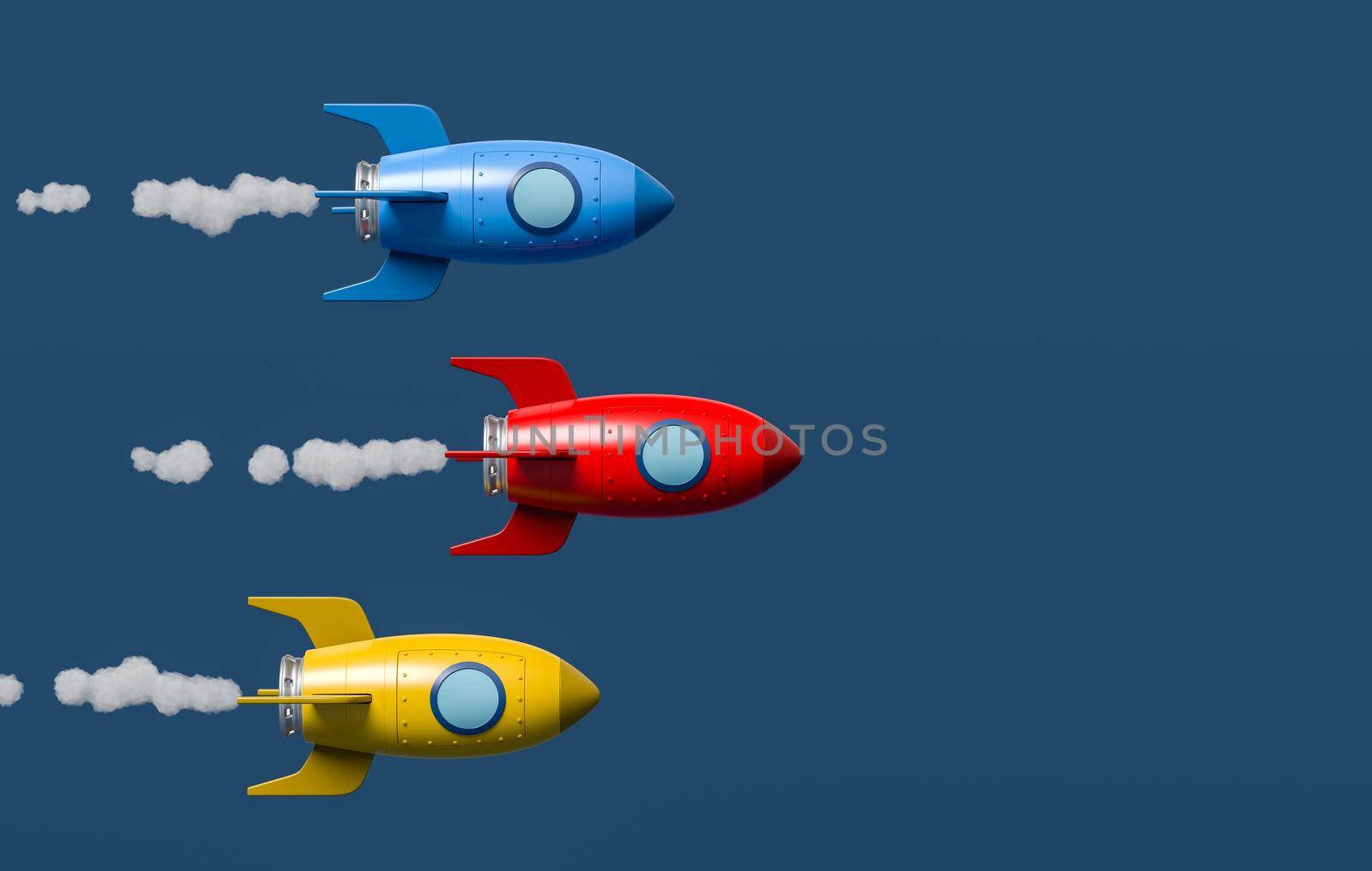 Colorful Cartoon Spaceships Racing on Blue Background with Copy Space 3D Illustration, Space Competition Concept