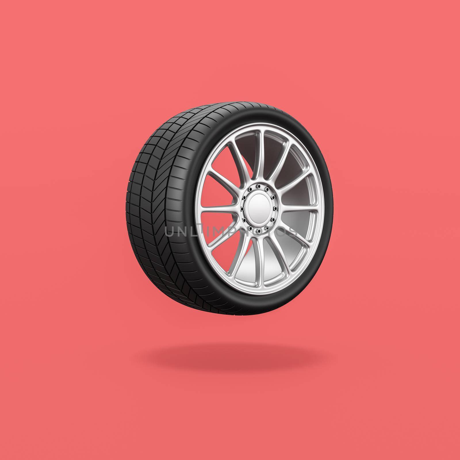 Single Car Wheel Isolated on Flat Red Background with Shadow 3D Illustration