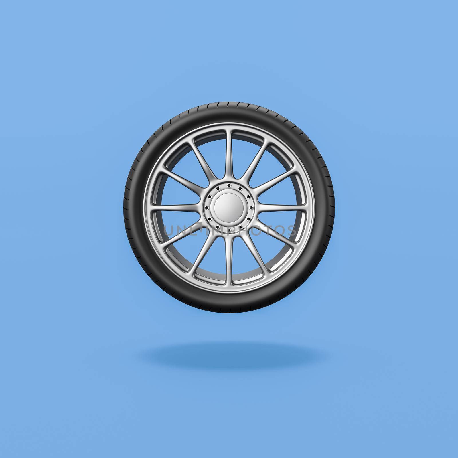 Single Car Wheel Isolated on Flat Blue Background with Shadow 3D Illustration