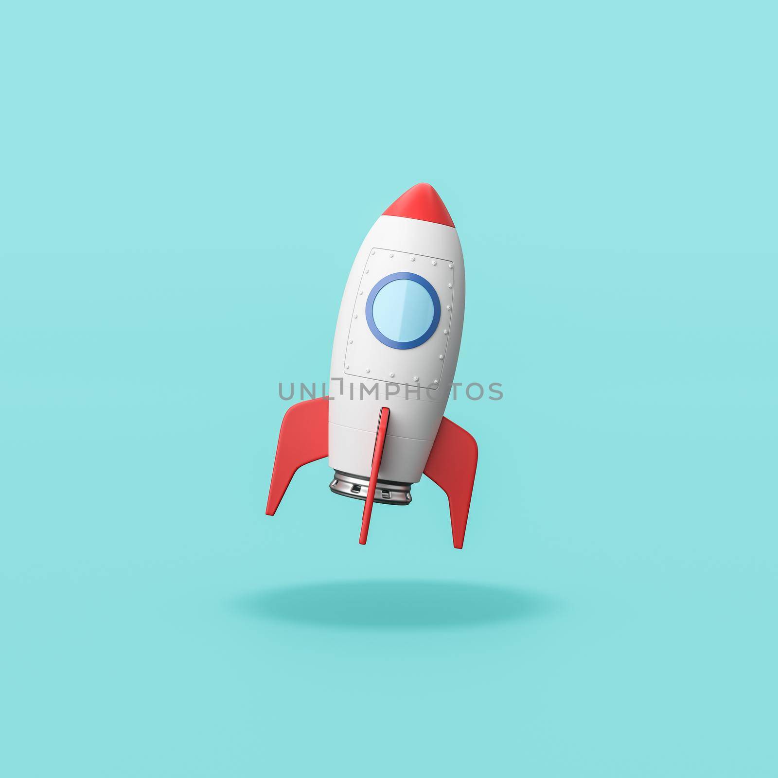 Red and White Cartoon Spaceship Isolated on Flat Blue Background with Shadow 3D Illustration