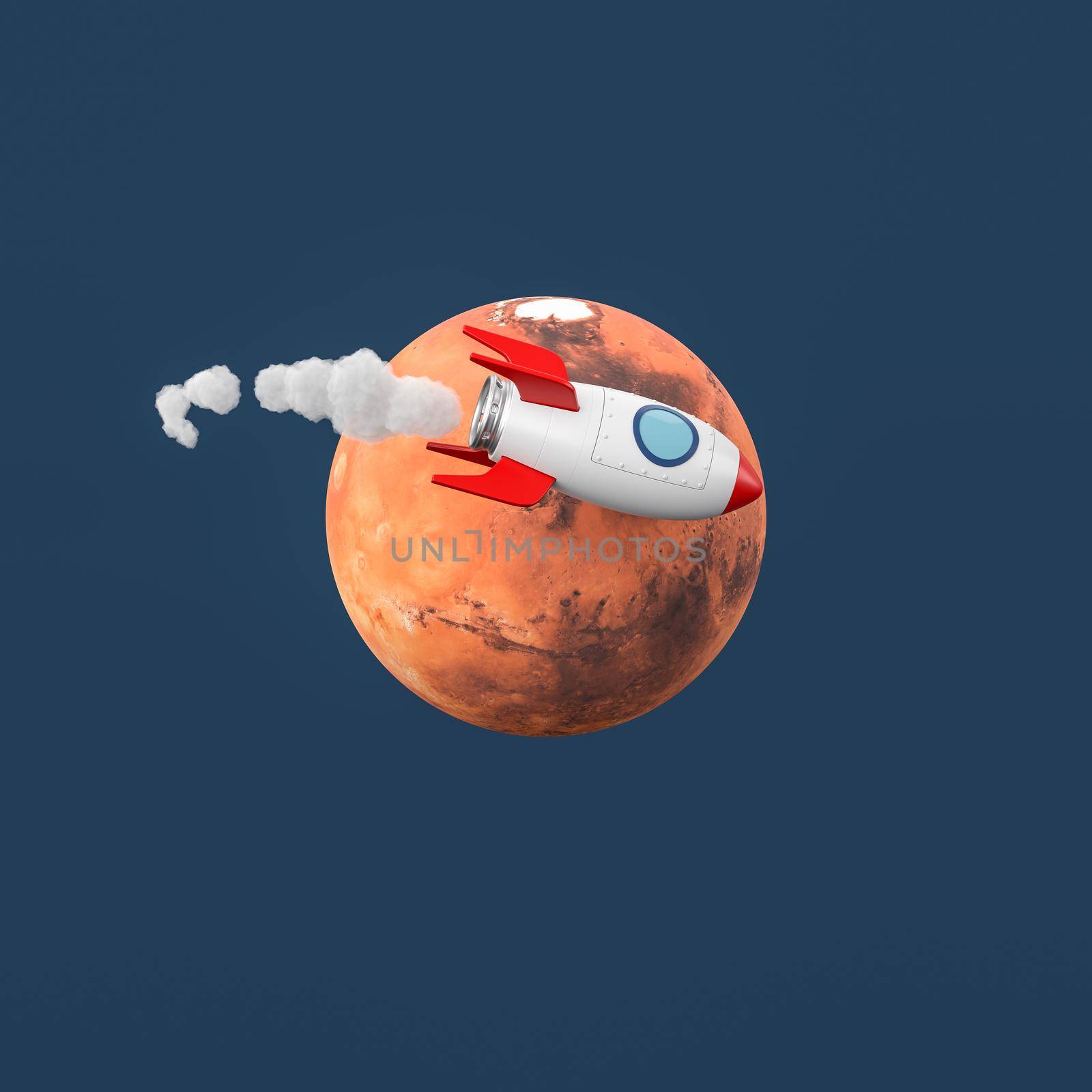 Cartoon Spaceship Flying around Mars on Blue Background by make