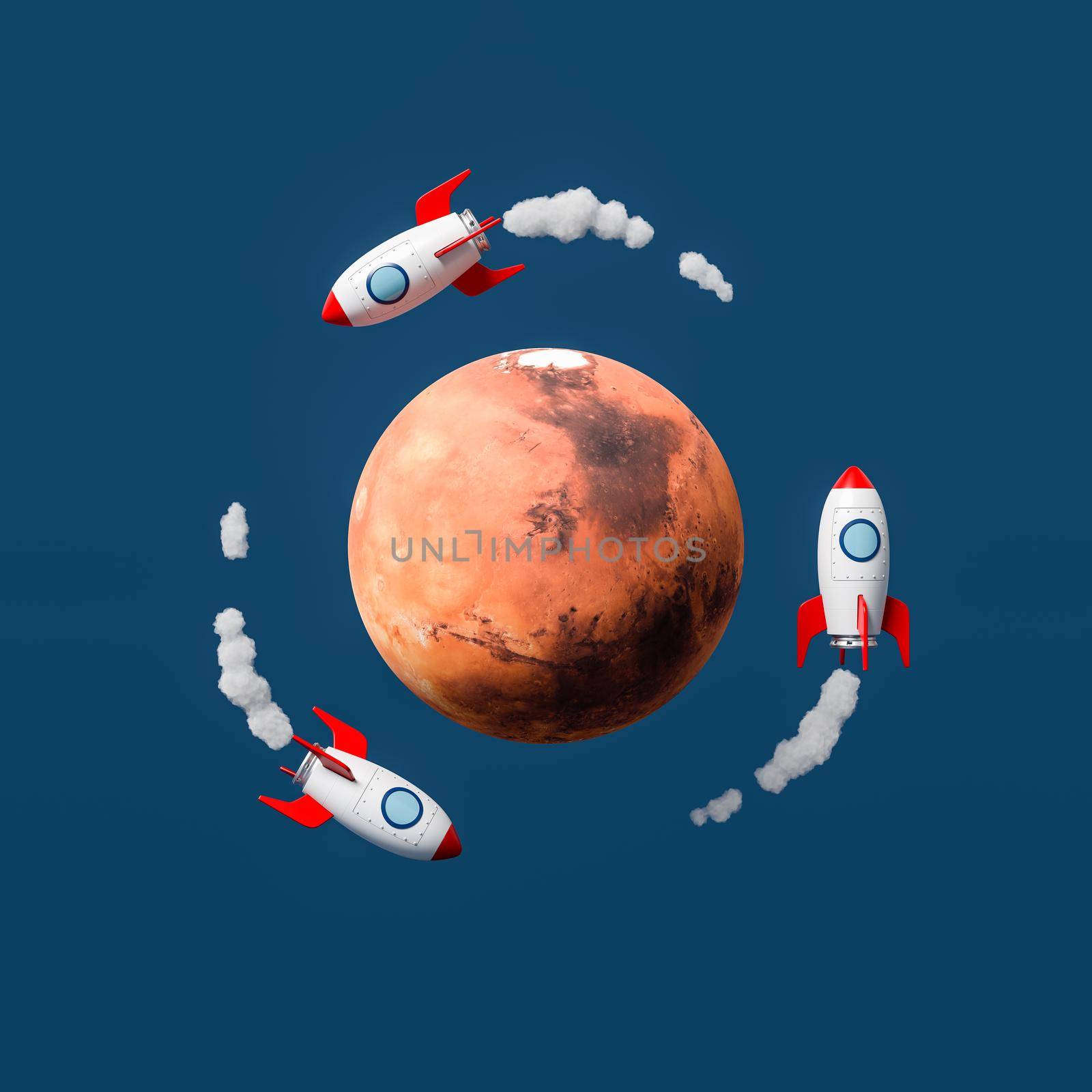 Cartoon Spaceships Flying Around Mars Isolated on Flat Blue Background 3D Illustration, Space Transportation Concept. Texture from solarsystemscope.com
