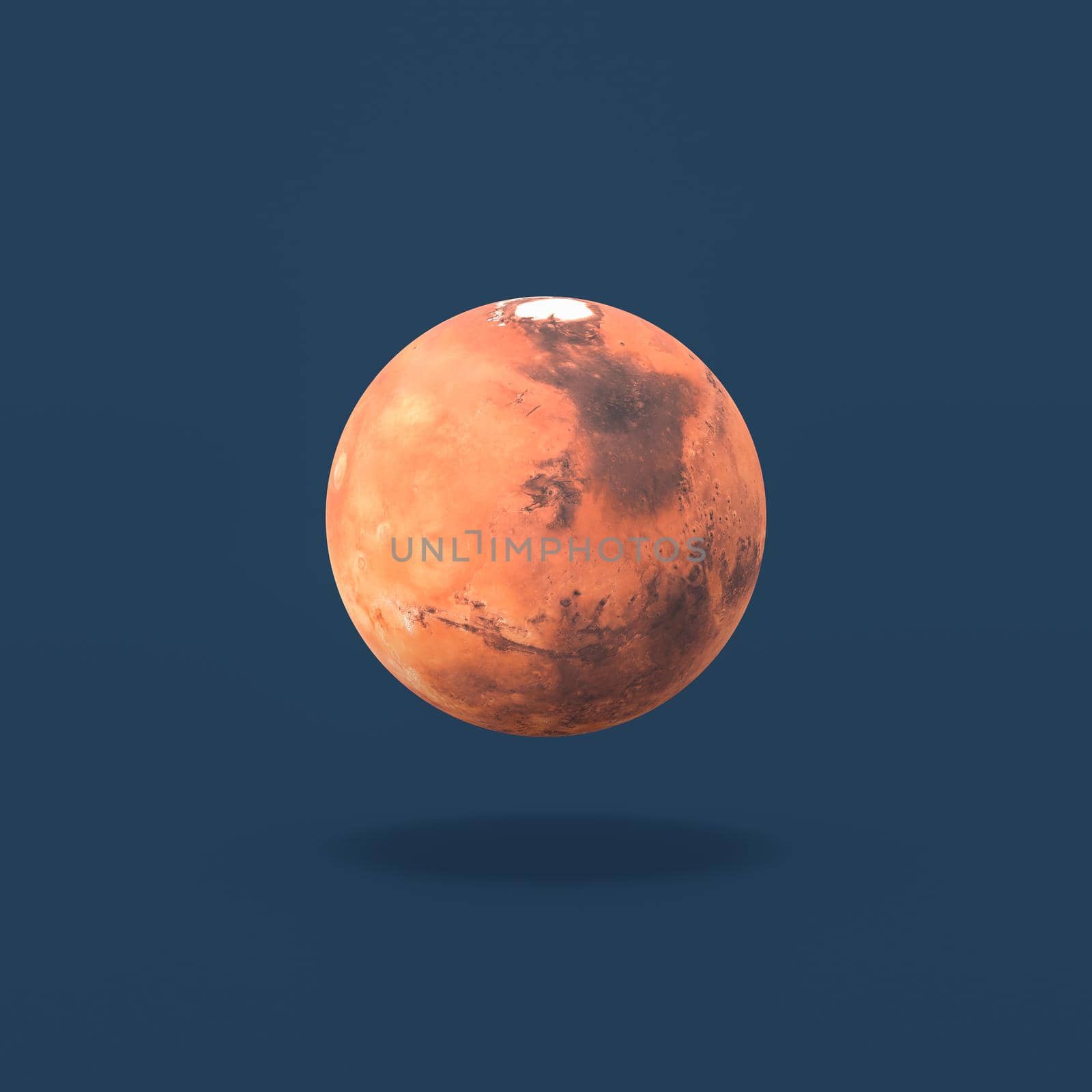 Mars Planet Isolated on Flat Blue Background with Shadow 3D Illustration. Texture from solarsystemscope.com