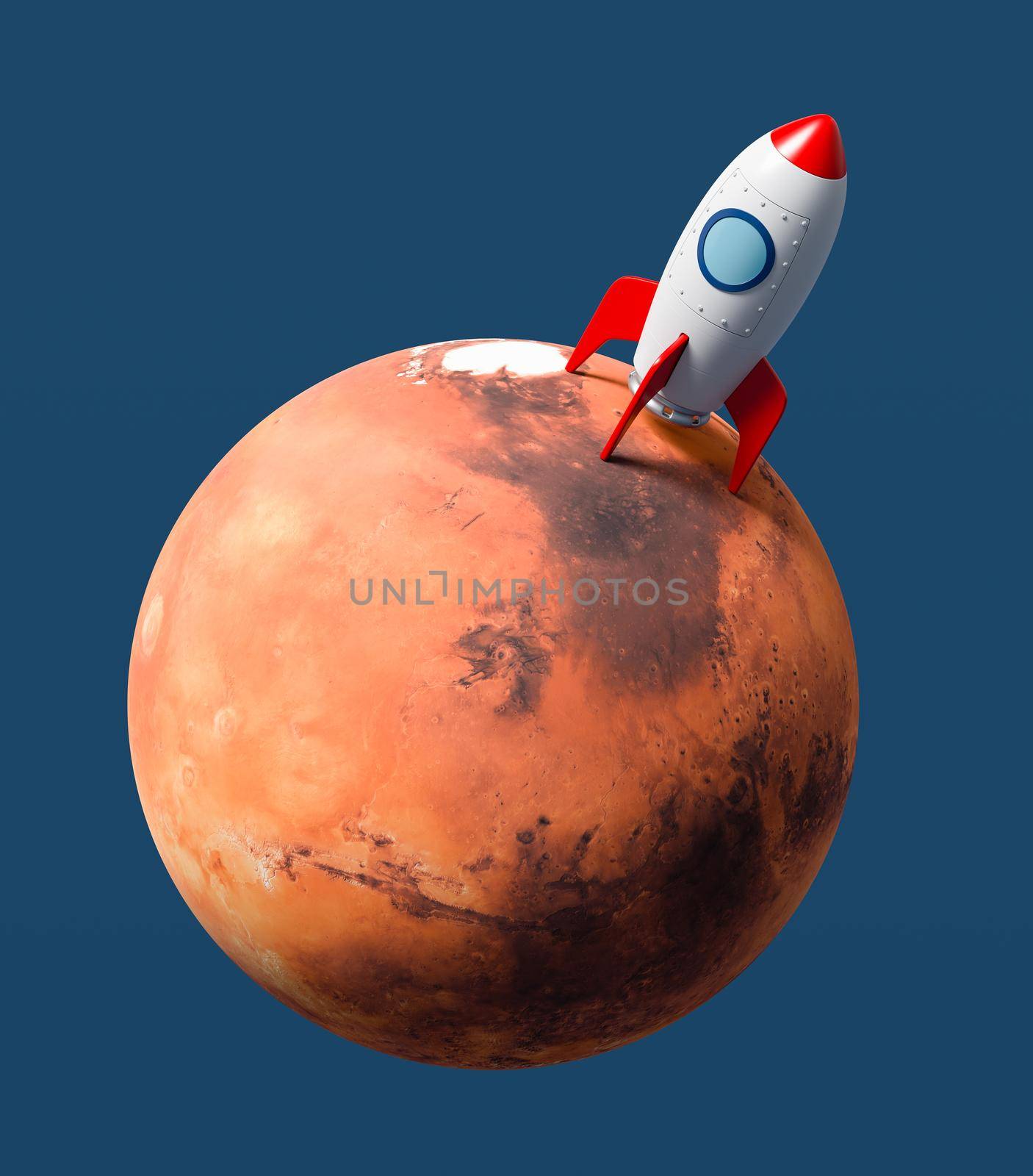 Red and White Cartoon Spaceship Landed on Mars Isolated on Flat Blue Background 3D Illustration, Space Exploration Concept. Texture from solarsystemscope.com