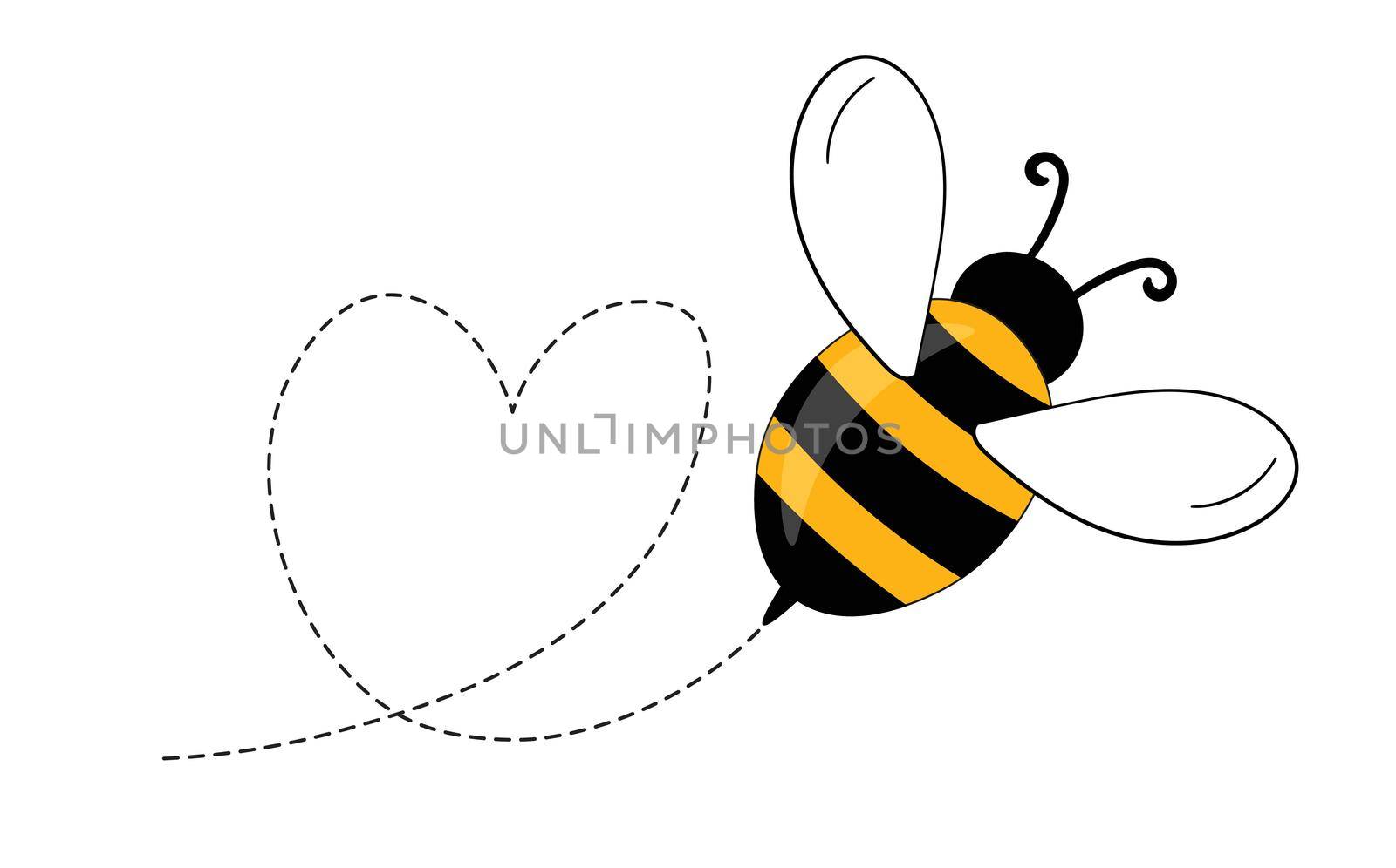 Cartoon bee mascot. A small bees flying on a dotted route. Wasp collection. Vector characters. Incest icon. Template design for invitation, cards. Doodle style by allaku