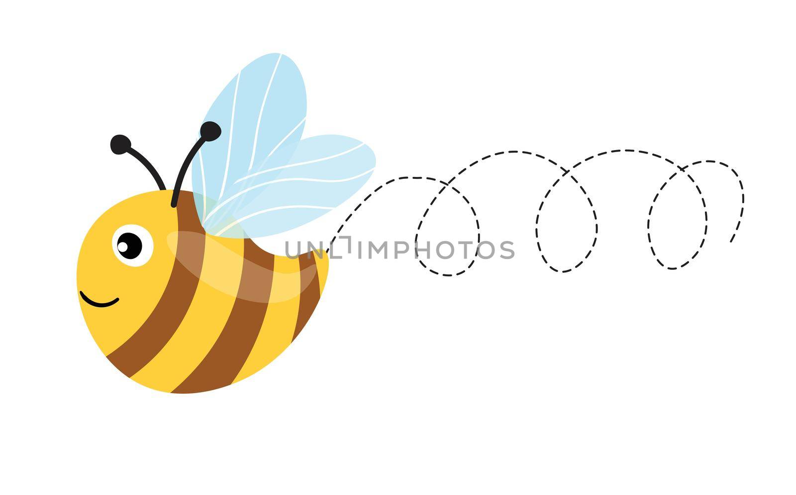 Cute bee mascot. A small bees flying on a dotted route. Wasp collection. Vector characters. Incest icon. Template design for invitation, cards. Doodle style by allaku