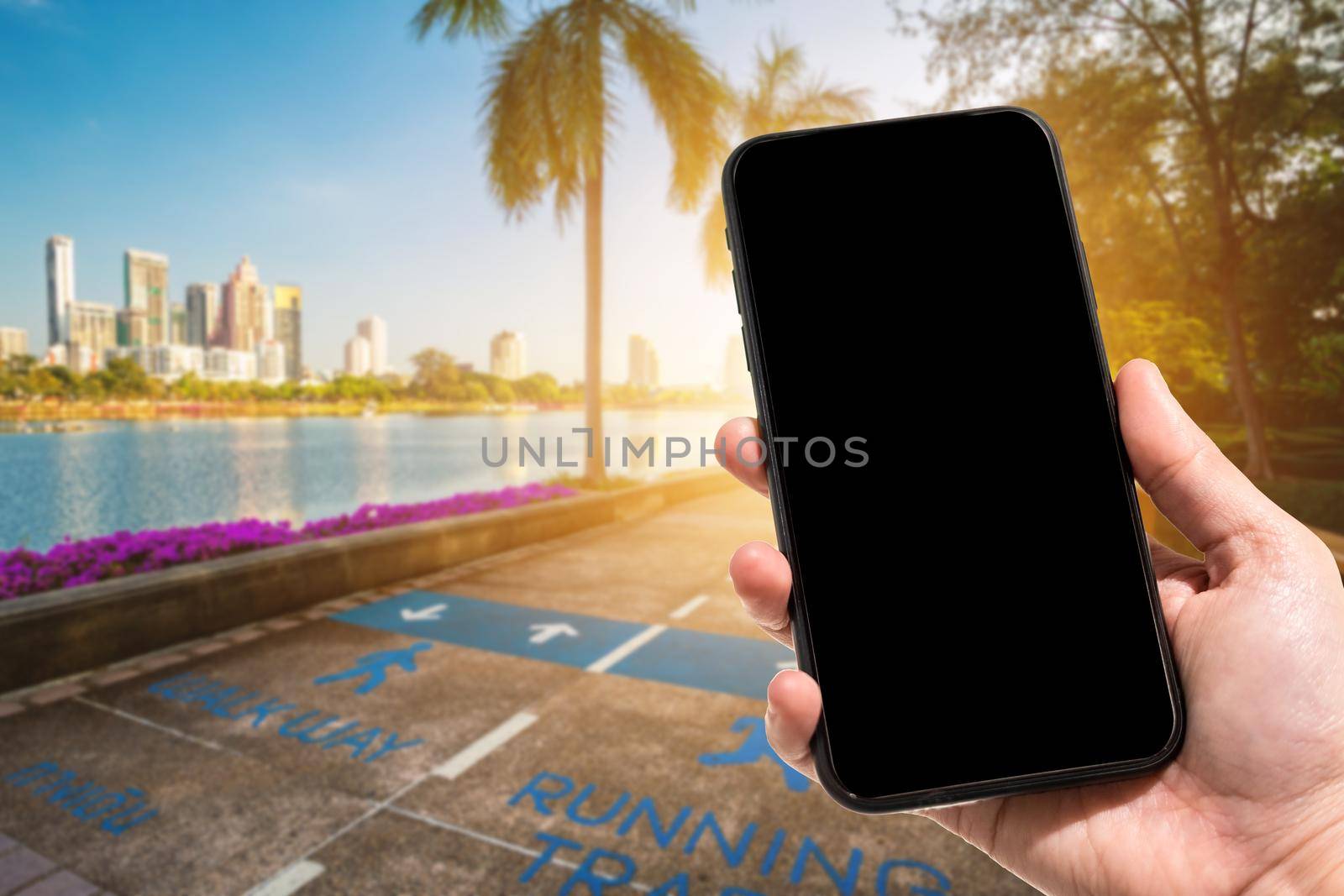 Close-up of female use smartphone blurred images in road pathway in the park for relaxing walking jogging or ride bicycle and exercise at Cityscape blur of the background.