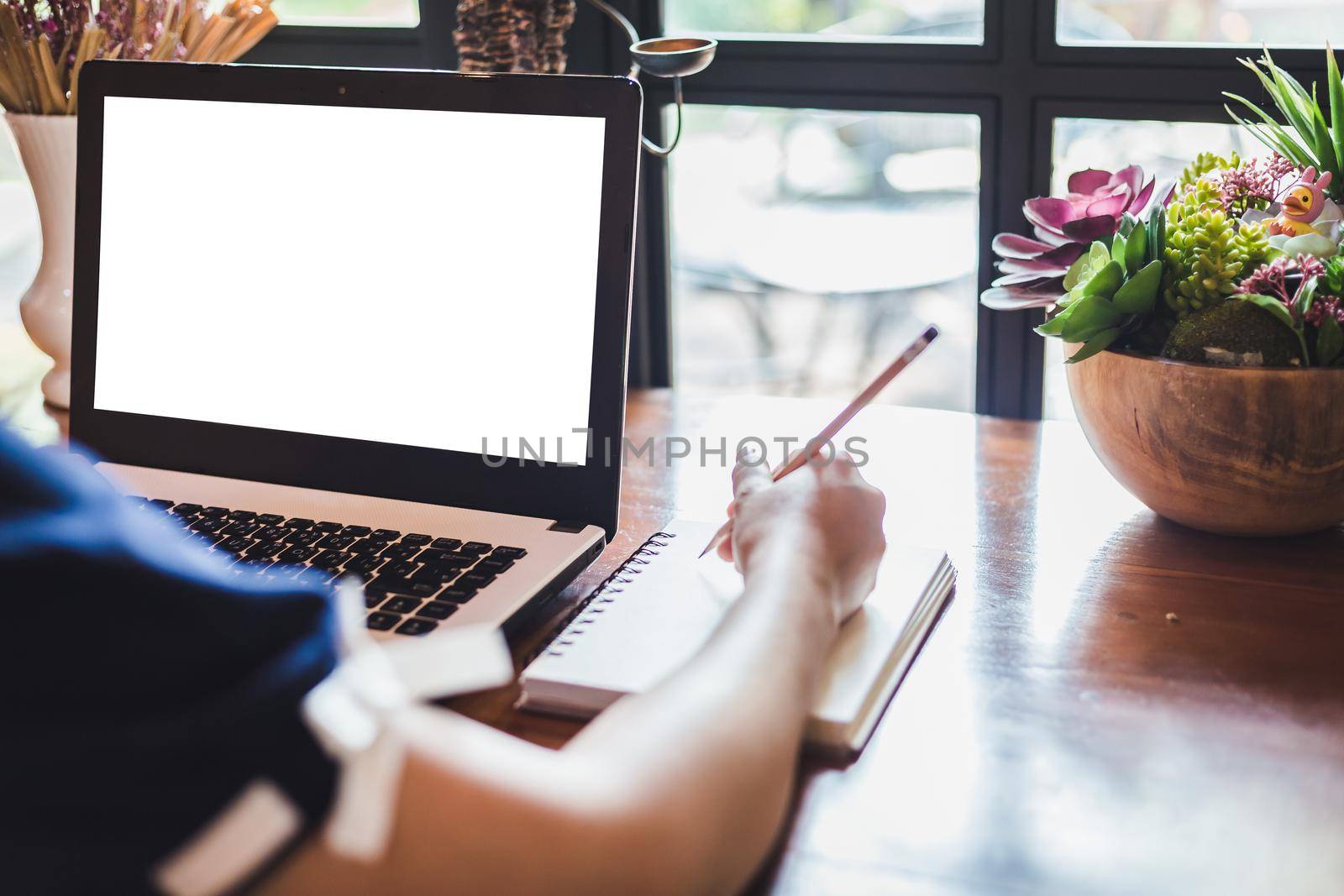 Close-up of business female working with laptop make a note in coffee shop like the background. 