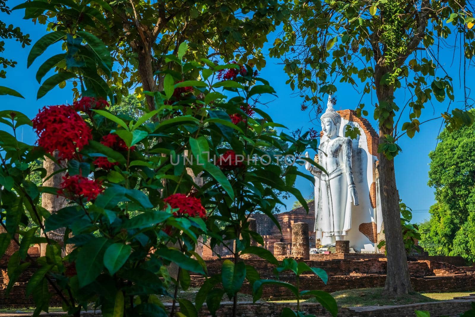 Ancient white buddha statue beautiful at sunset is a Buddhist temple It is a major tourist attraction in Phitsanulok, Thailand.