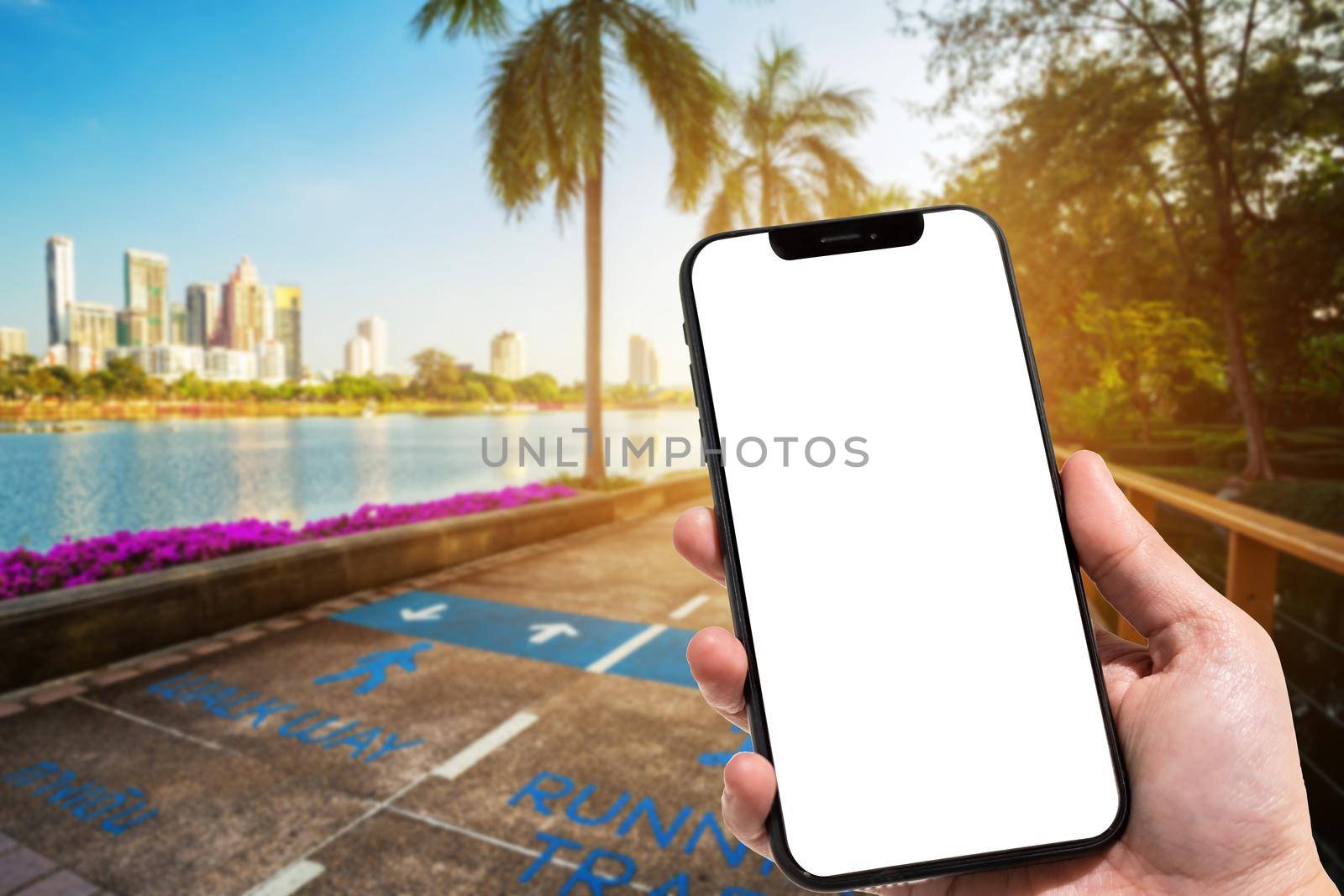 Close-up of female use smartphone blurred images in road pathway in the park for relaxing walking jogging or ride bicycle and exercise at Cityscape blur of the background.