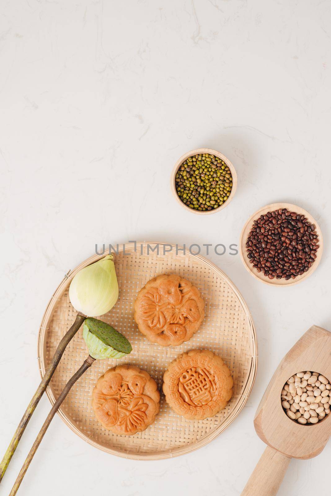 Moon cake traditional cake of Vietnamese - Chinese mid autumn festival food. Translation on round moon cake "Mid autumn".