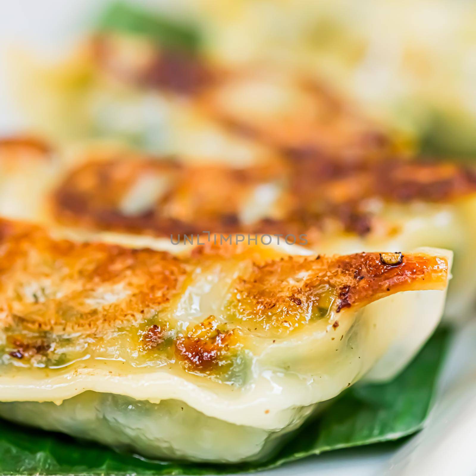 Dumplings with spinach, gyoza served as appetizer on plate in luxury asian restaurant, japanese food and vegetarian menu concept by Anneleven