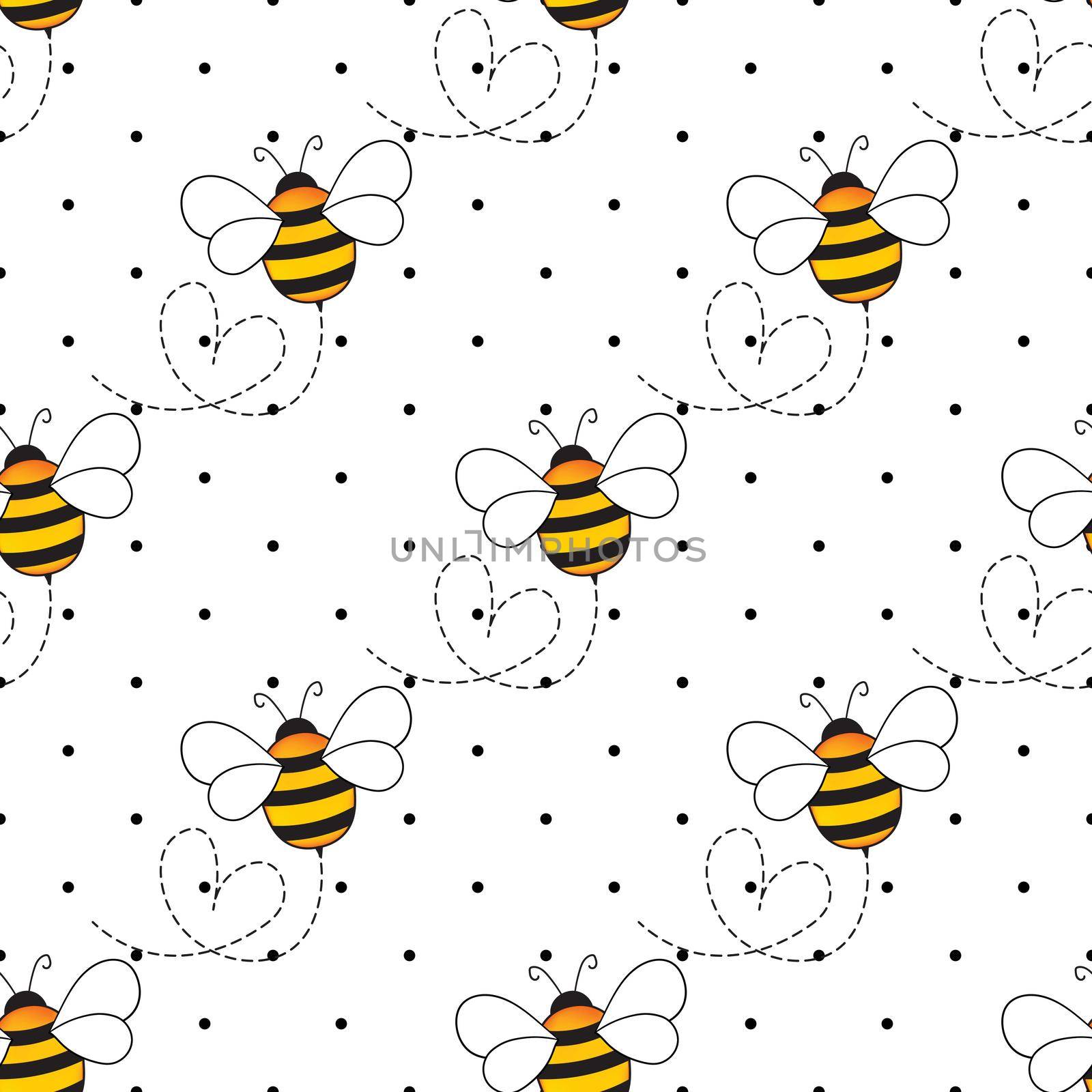 Seamless pattern with bees on white polka dots background. Small wasp. Vector illustration. Adorable cartoon character. Template design for invitation, cards, textile, fabric. Doodle style by allaku