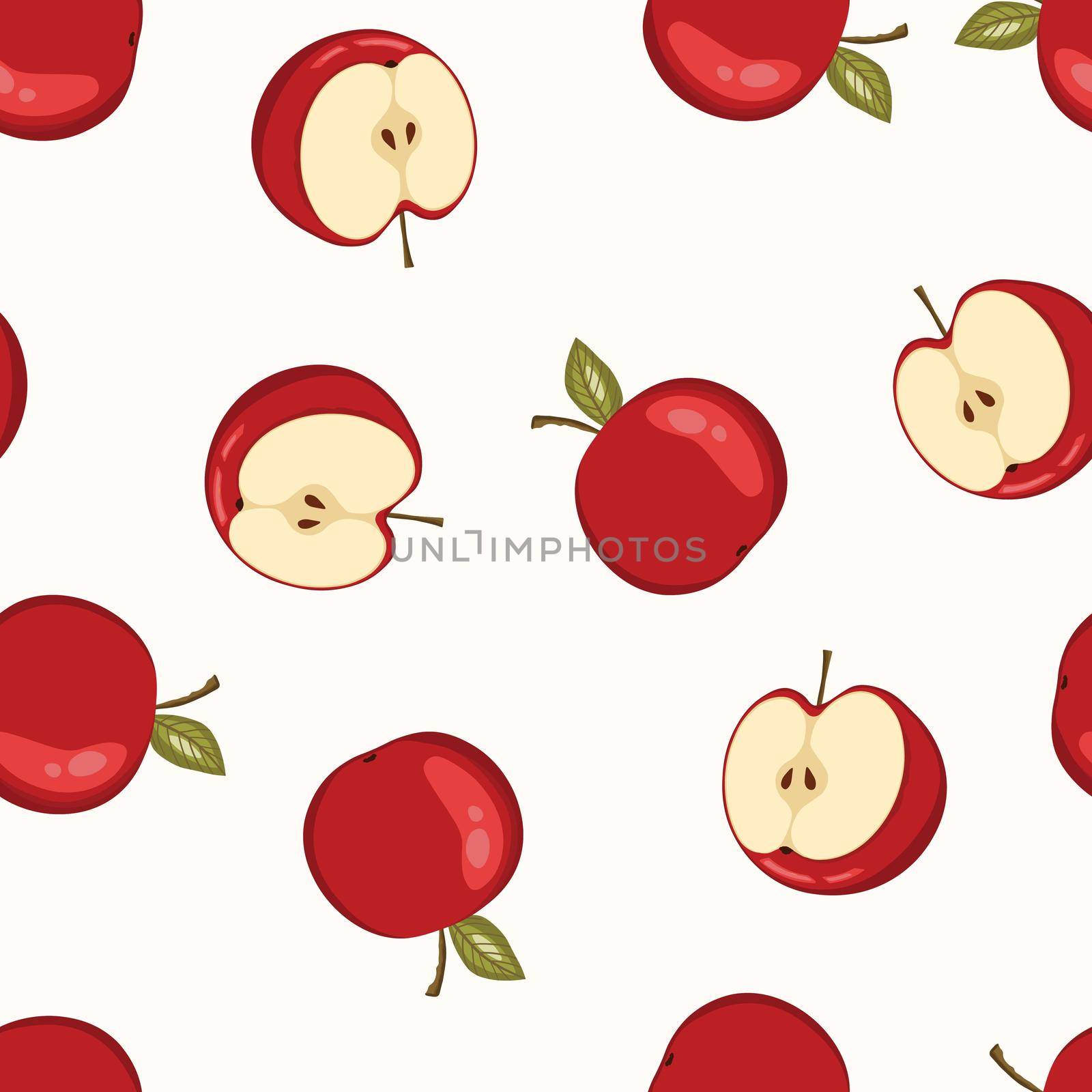 Seamless pattern with apple on white background. Natural delicious fresh ripe tasty fruit. Vector illustration for print, fabric, textile, other design. Stylized apples with leaves. Food concept by allaku