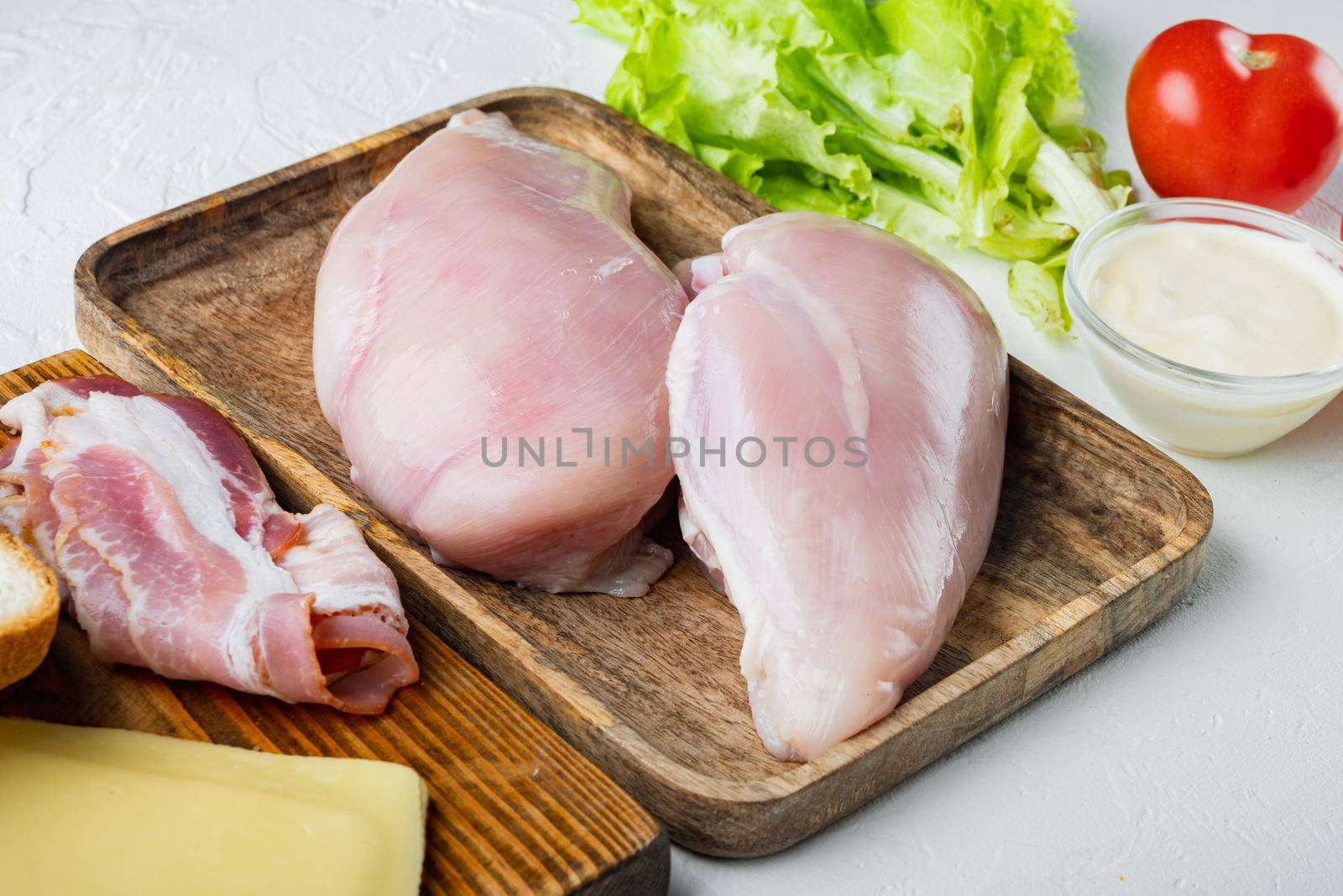 Delicious sandwich with toasted bread ingredient, on white background