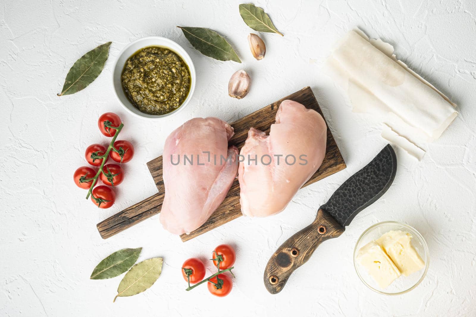 Chicken kiev ingredients with filo set, on white stone background, top view flat lay