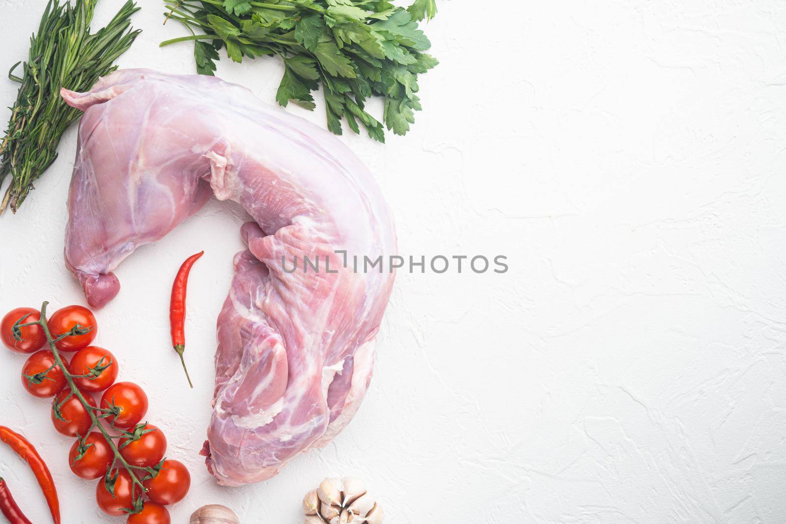 Raw rabbit meat with spice and ingredients set, on white stone background, top view flat lay, with copy space for text