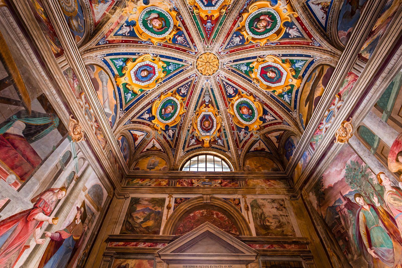 ORTA SAN GIULIO, ITALY, MAY 29, 2019 : interiors decors and frescoes of chapel in Sacro monte di Orta, , may 29, 2019, in Orta san Giulio, italy