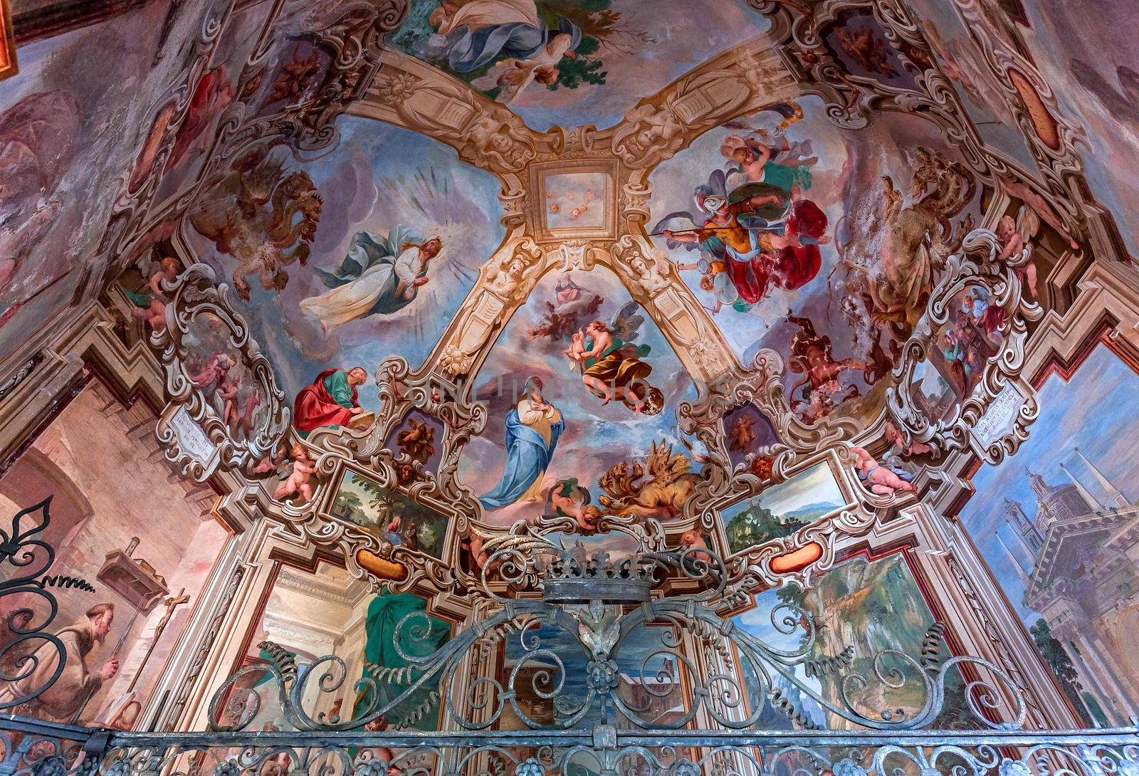 ORTA SAN GIULIO, ITALY, MAY 29, 2019 : interiors decors and frescoes of chapel in Sacro monte di Orta, , may 29, 2019, in Orta san Giulio, italy