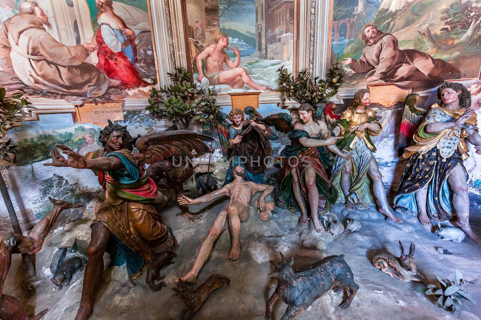 ORTA SAN GIULIO, ITALY, MAY 29, 2019 : interiors decors and frescoes of chapel in Sacro monte di Orta, , may 29, 2019, in Orta san Giulio, italy