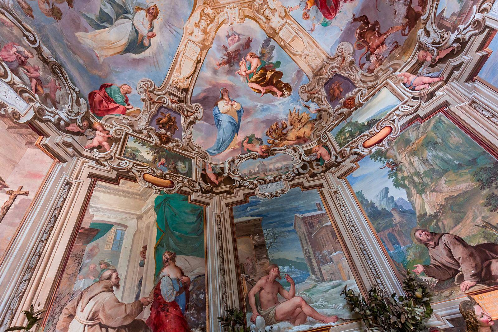 ORTA SAN GIULIO, ITALY, MAY 29, 2019 : interiors decors and frescoes of chapel in Sacro monte di Orta, , may 29, 2019, in Orta san Giulio, italy