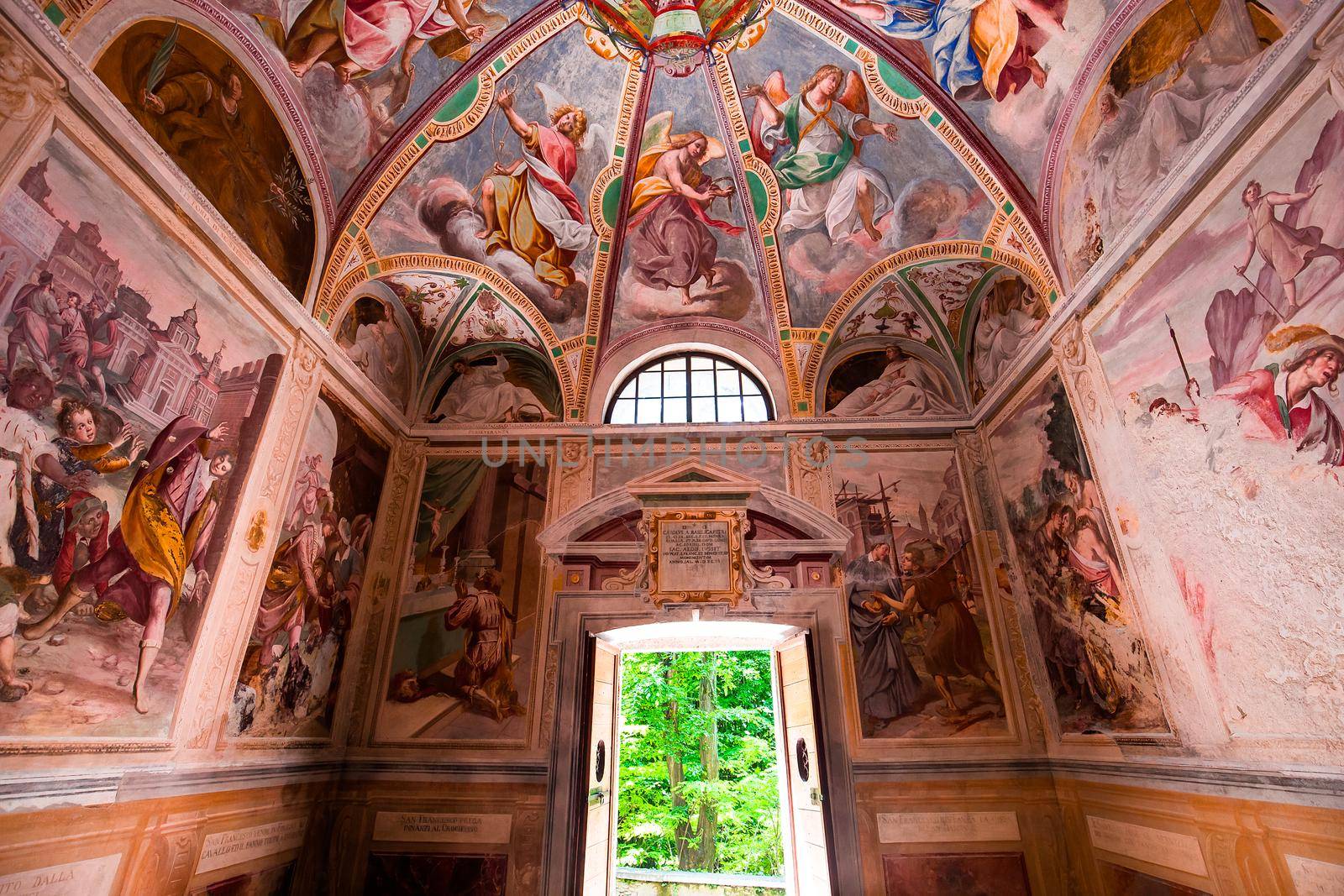 ORTA SAN GIULIO, ITALY, MAY 29, 2019 : interiors decors and frescoes of chapel in Sacro monte di Orta, , may 29, 2019, in Orta san Giulio, italy