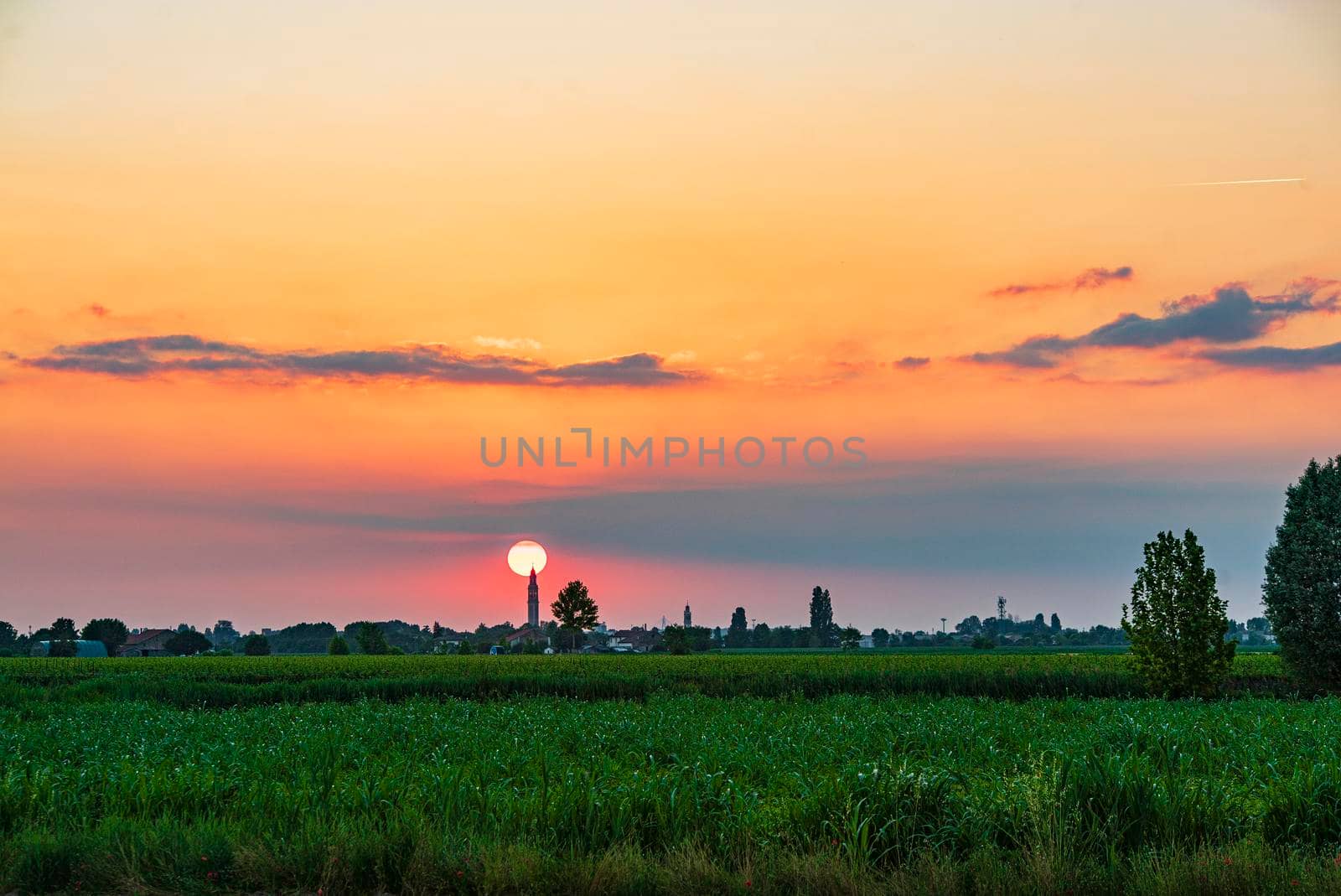 Landscape of Field sunset country city silhouette