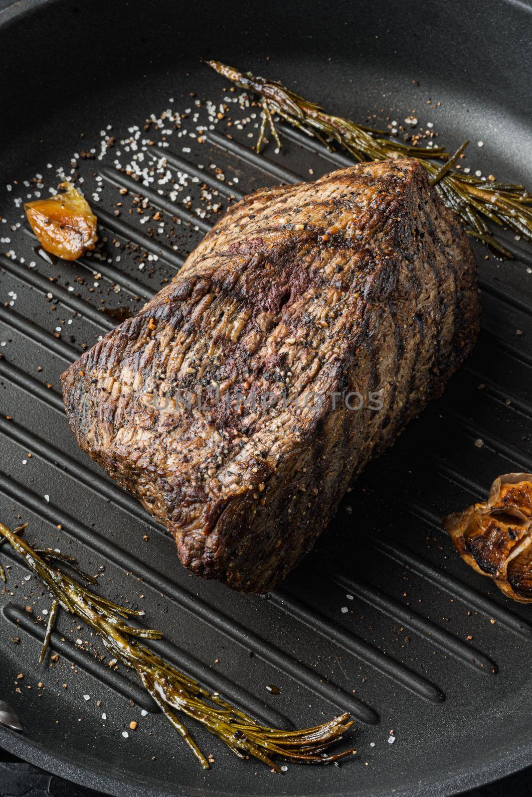 Brisket beef meat baked set, on frying iron pan