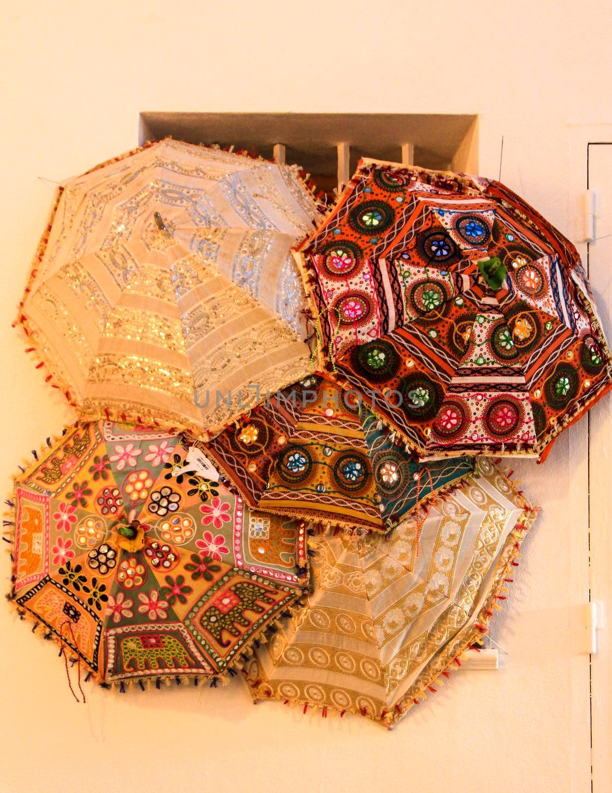 Embroidered indian umbrellas texture in Altea, Alicante, Spain
