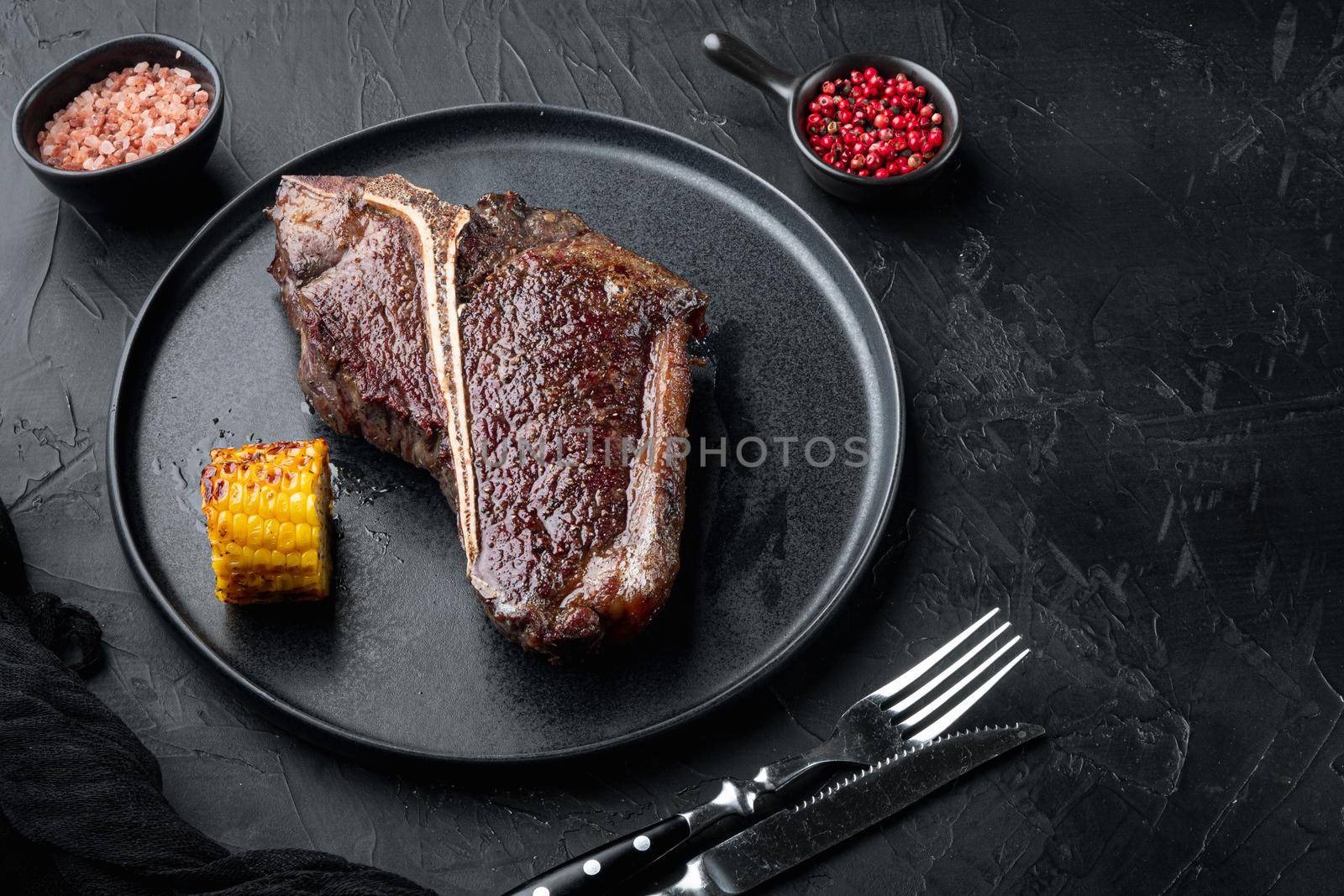 Aged Beef T Bone steak. Juicy cooked steak with rosemary and spices set, on plate, with copy space for text