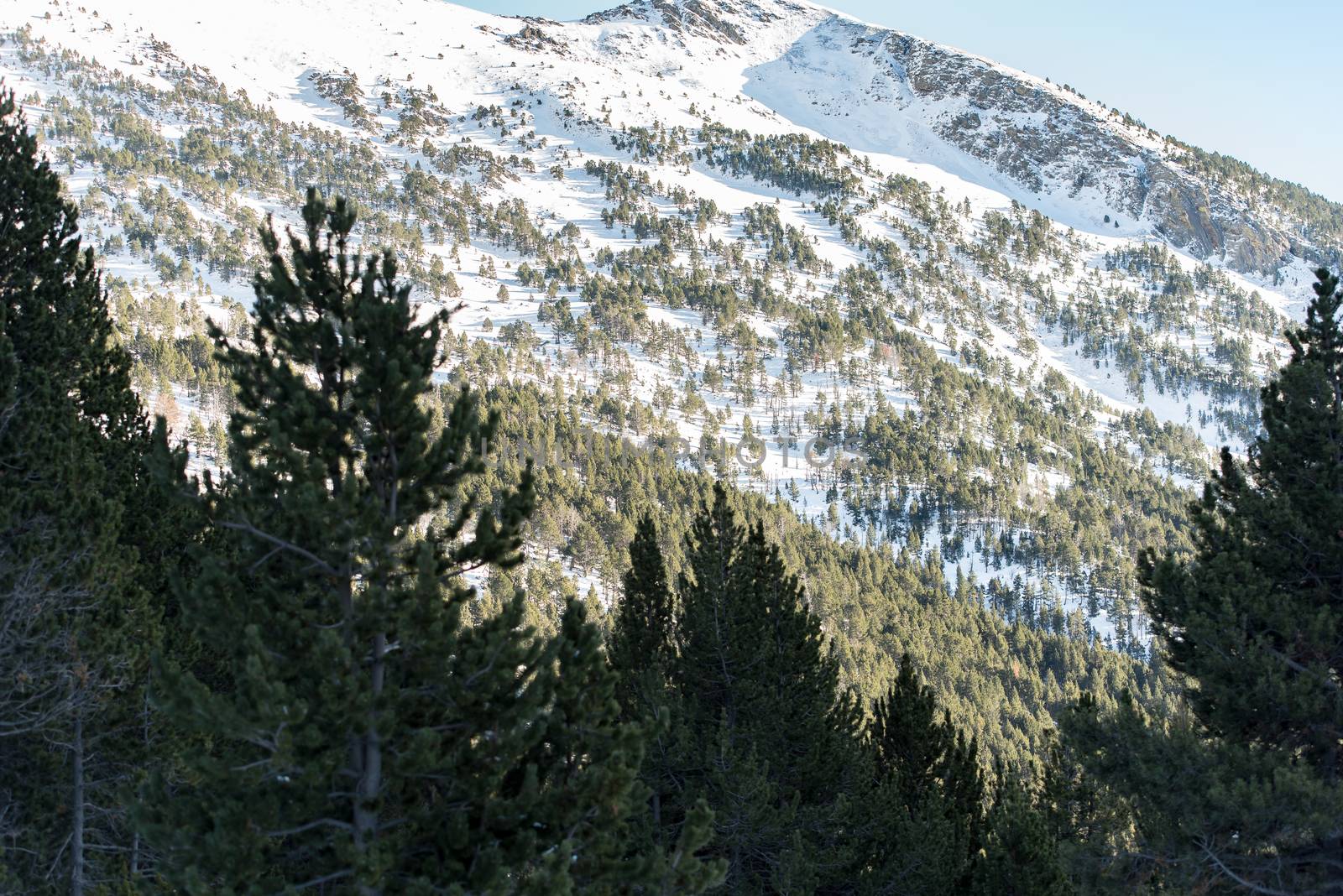 Landscape on incredible sunny day in winter in the Pyrenees in Andorra.