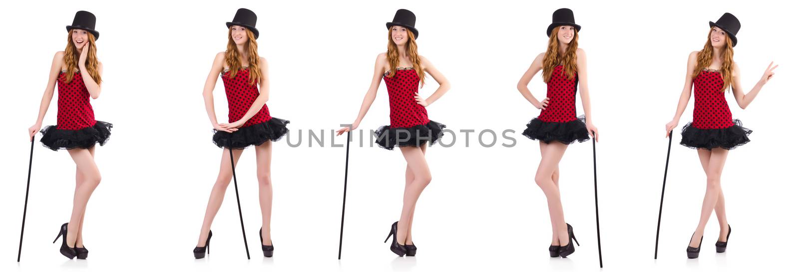 Girl in red polka-dot dress isolated on white