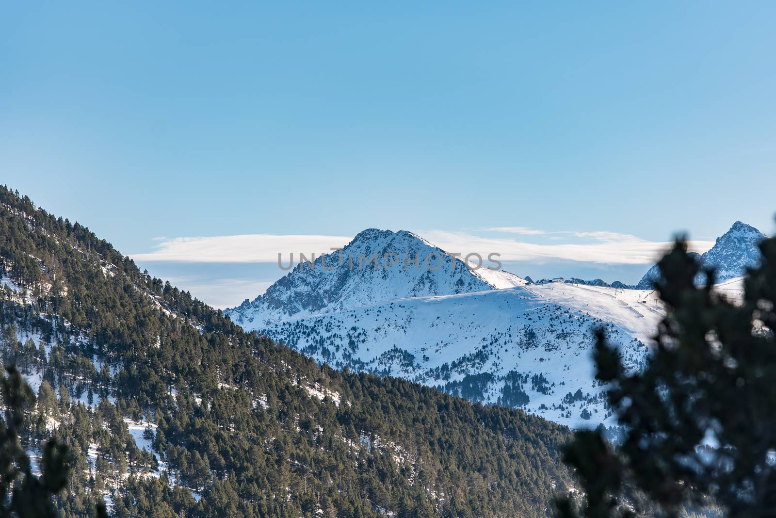 Landscape on incredible sunny day in winter in the Pyrenees in Andorra.